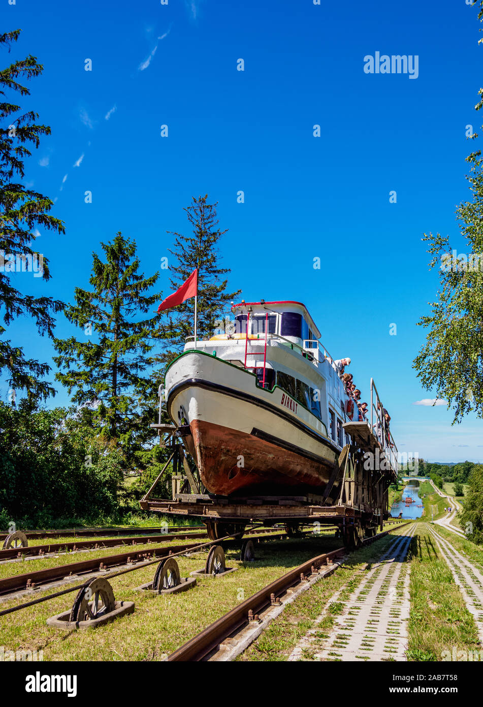 Tourist Boat in Cradle at Inclined Plane in Jelenie, Elblag Canal, Warmian-Masurian Voivodeship, Poland, Europe Stock Photo