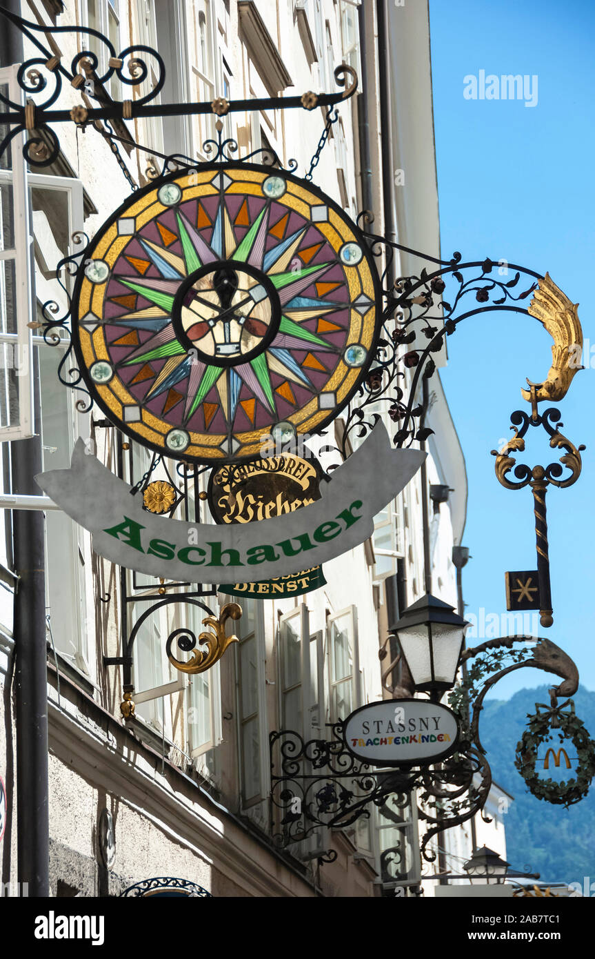 Elaborate Shop Sign, Getreidegasse, Altstadt, Mozarts Birthplace, UNESCO World Heritage Site, Salzburg, Auistria, Europe Stock Photo