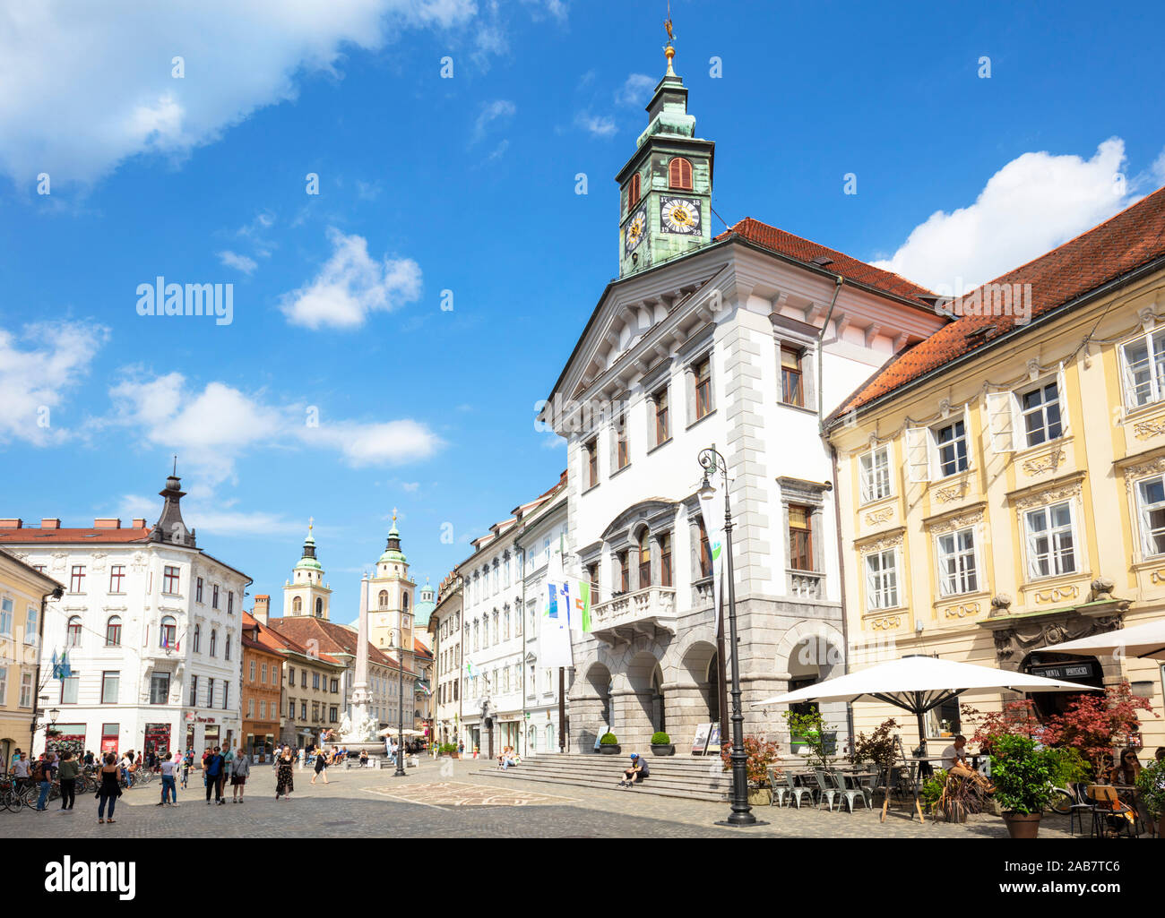 Ljubljana Town Square in front of the Ljubljana Town Hall (Stritarjeva ulica), Old Town, Ljubljana, Slovenia, Europe Stock Photo