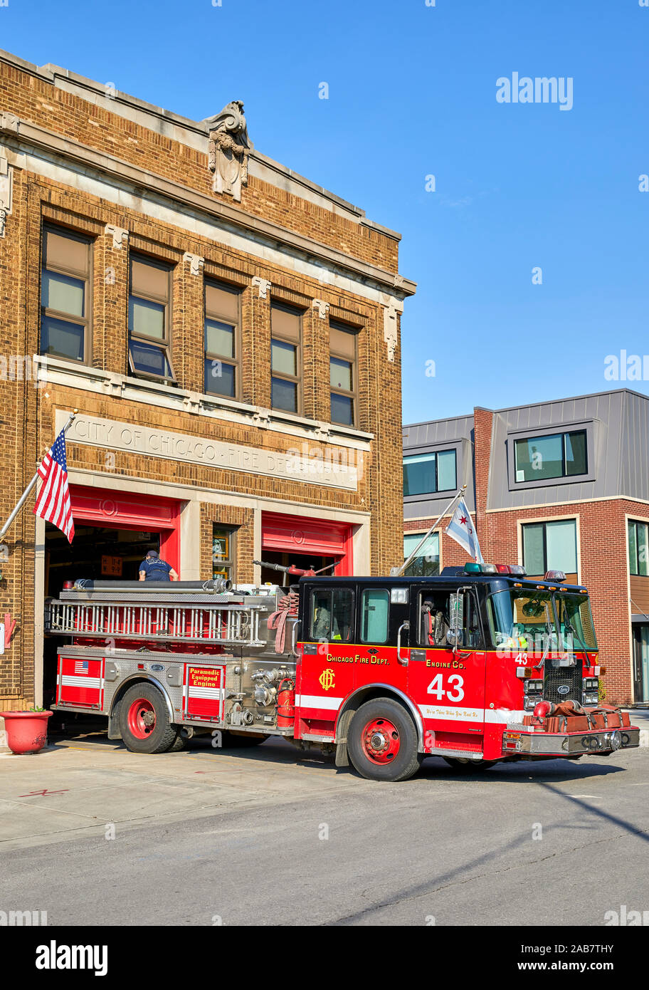 Red Fire Truck outside fire station in Chicago, Illinois, North America Stock Photo