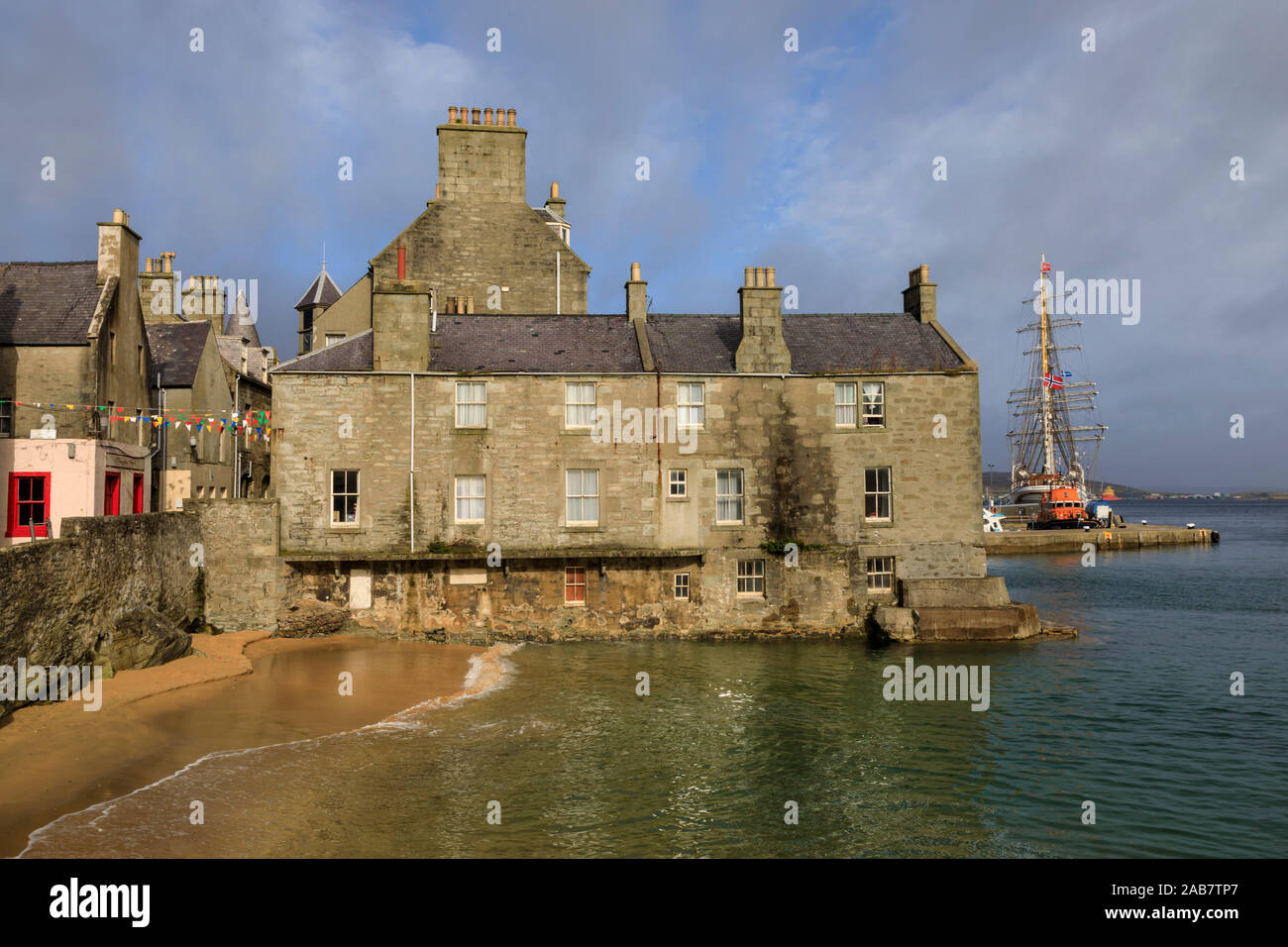 Beautiful waters of Bain's Beach, smugglers cove, historic buildings, Central Lerwick, Shetland Isles, Scotland, United Kingdom, Europe Stock Photo