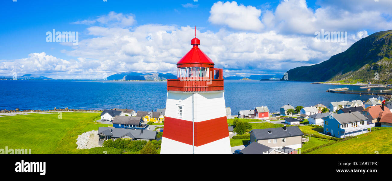 Aerial panoramic by drone of high section of Alnes Lighthouse, Godoya Island, Alesund, More og Romsdal County, Norway, Scandinavia, Europe Stock Photo