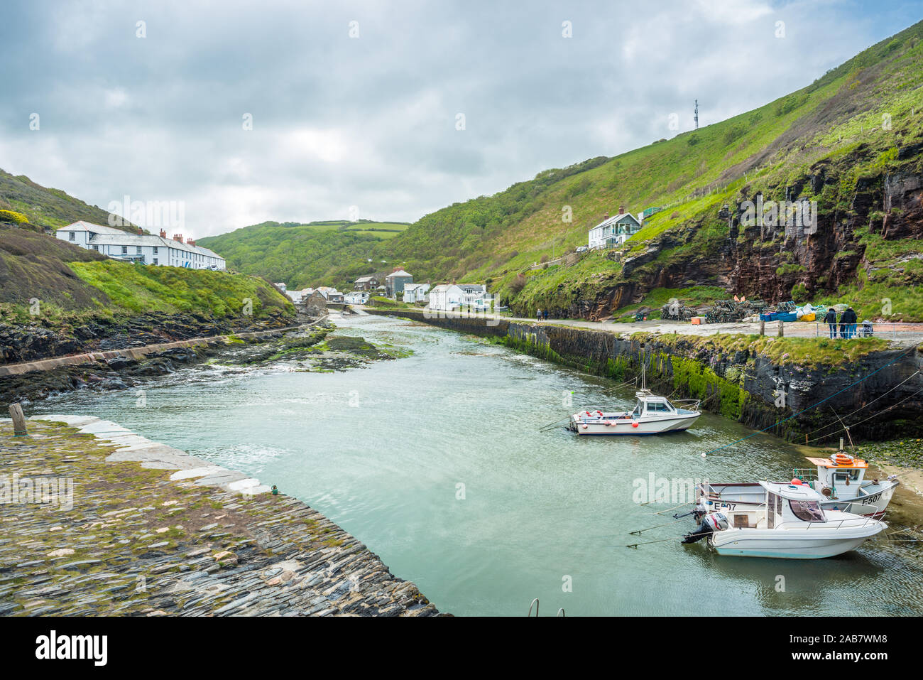 Views toward the village of Boscastle from the sea wall at the harbour entrance, on the Atlantic coast of Cornwall, England, United Kingdom, Europe Stock Photo