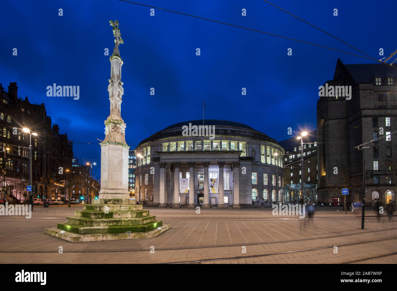 Manchester Library and St. Peter Square at night, Manchester, England, United Kingdom, Europe Stock Photo