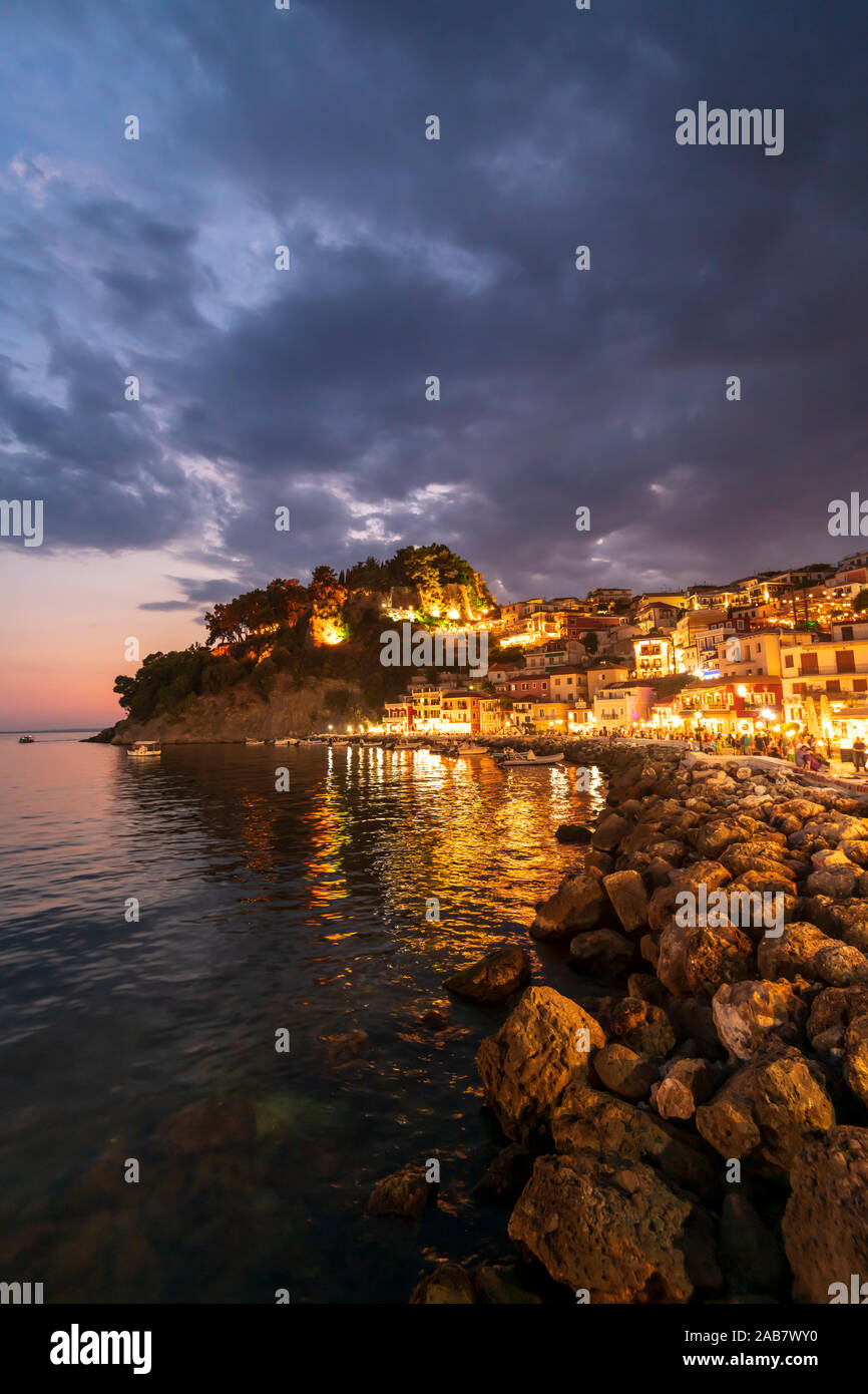 Sunset at Parga Castle and harbour, Parga, Preveza, Greece, Europe Stock Photo