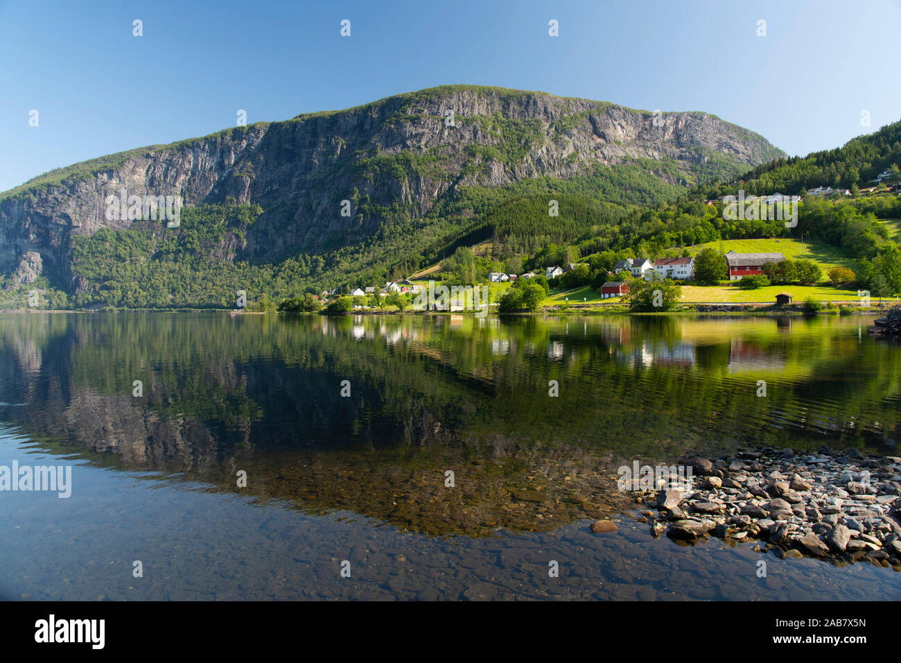 Reflections in still water at Lake Granvinvatnet, Hordaland, Vestlandet, Norway, Scandinavia, Europe Stock Photo