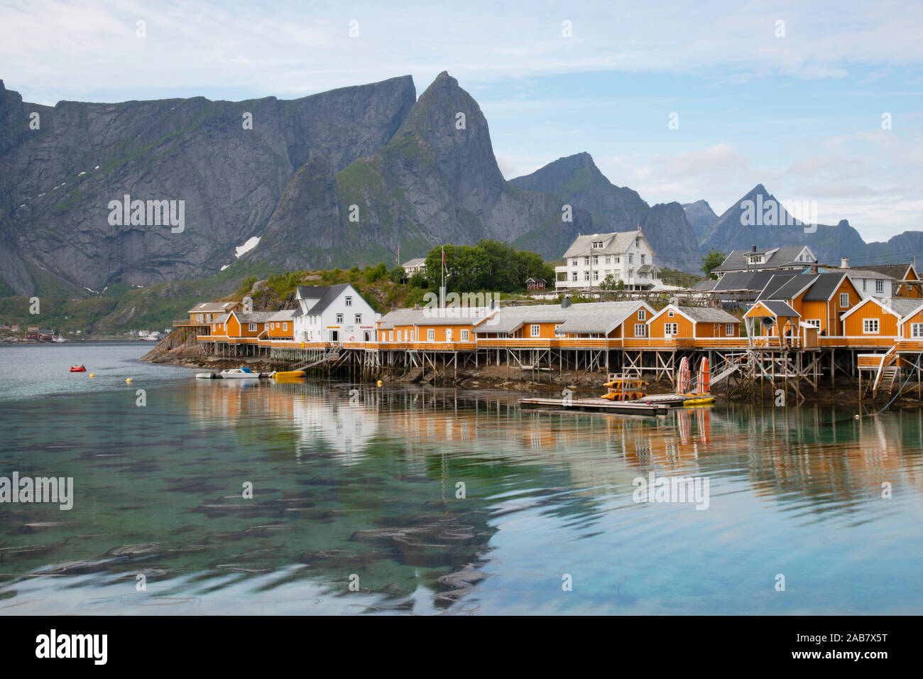 Rorbu, traditional fishing huts used for tourist accommodation in village of Reine, Moskensoya, Lofoten Islands, Norway, Europe Stock Photo