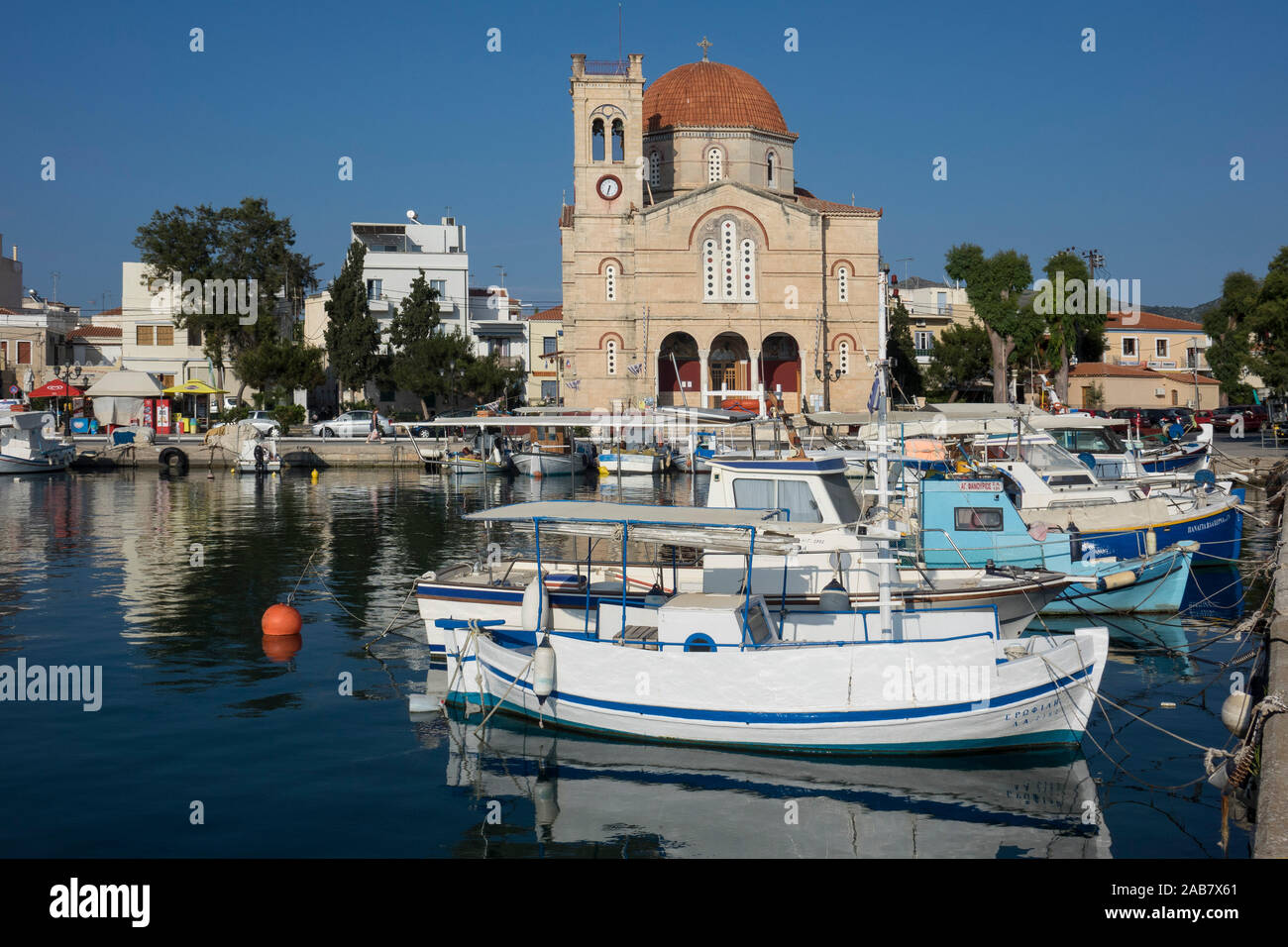 Harbour and Panagitsa church, Aegina town, Aegina, Saronic islands, Greek Islands, Greece, Europe Stock Photo