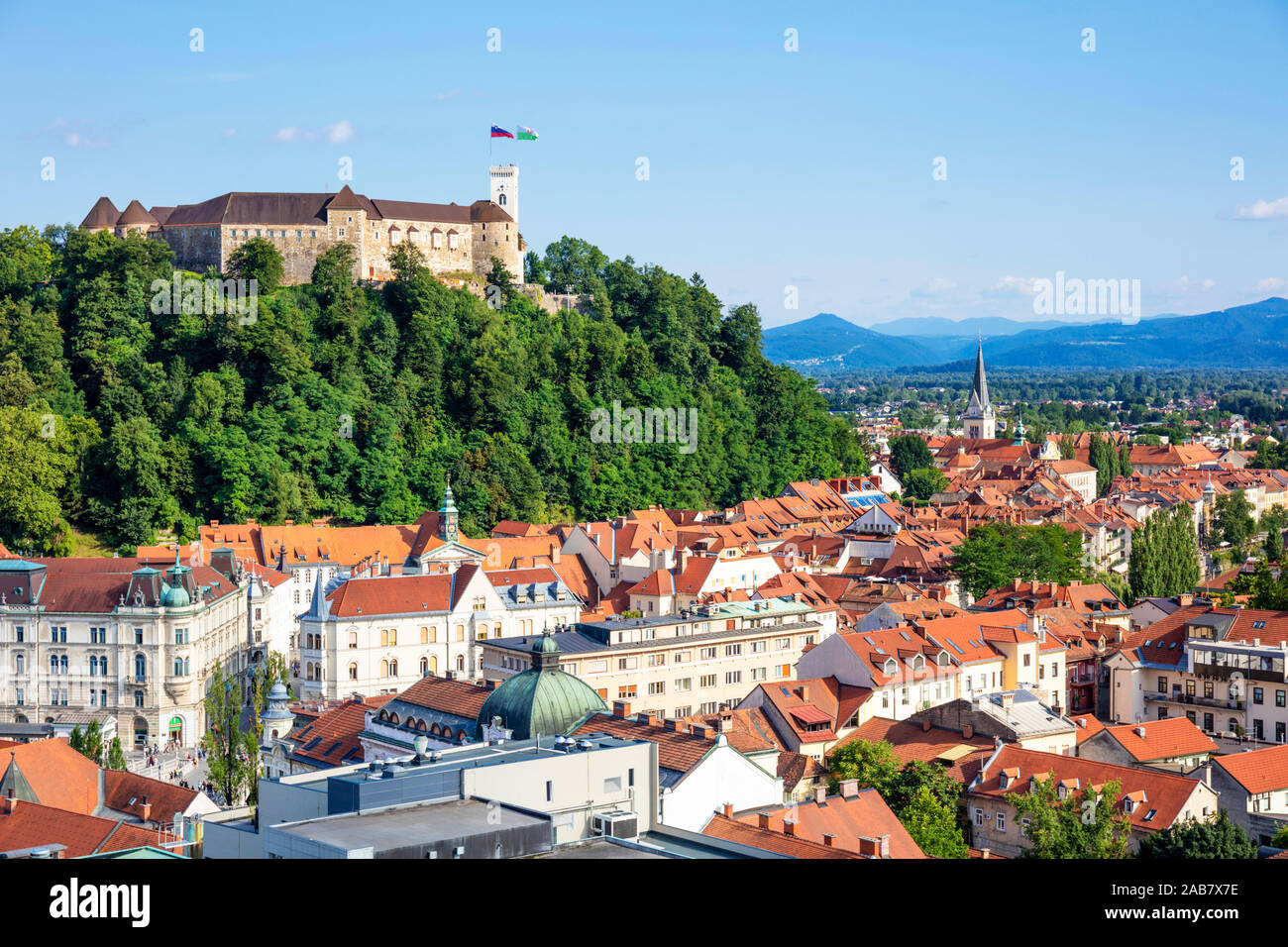 Ljubljana skyline with view of the city and Ljubljana Castle complex on Castle Hill, Ljubljana, Slovenia, Europe Stock Photo