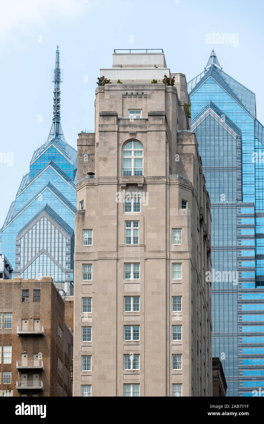 The 1929 Lanesborough Condominium in Locust Street flanked by Philadelphia's more recent additions, One and Two Liberty Place. Stock Photo