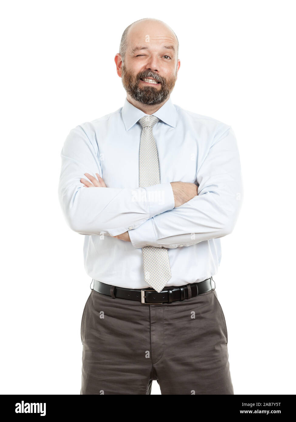 Ein motivierter Geschaeftsmann vor weissem Hintergrund Stock Photo