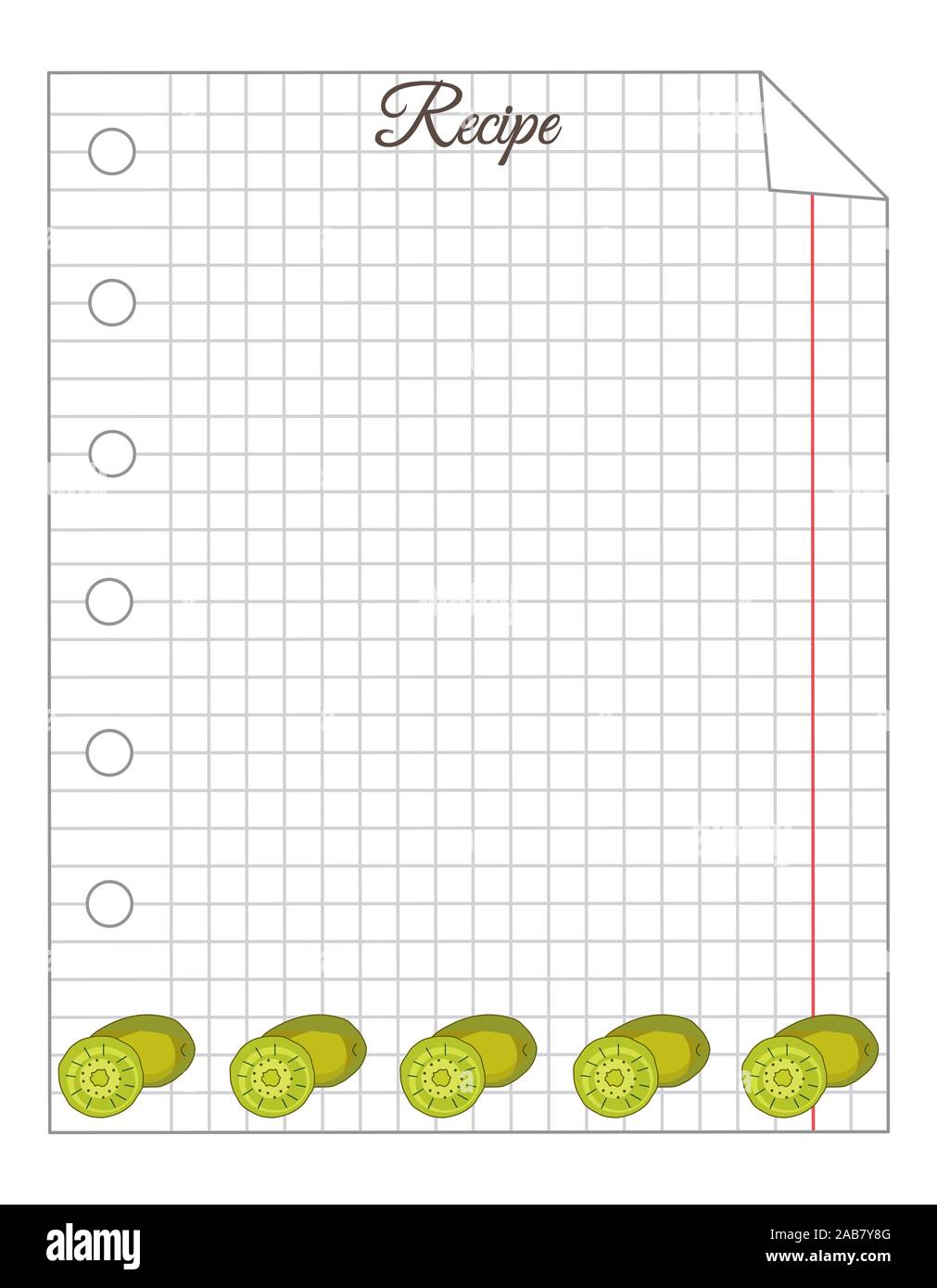 Leaf in a cage. A sheet of notepad. Note paper. Paper for recipes. Recipe paper with kiwi ornament. Stock Vector