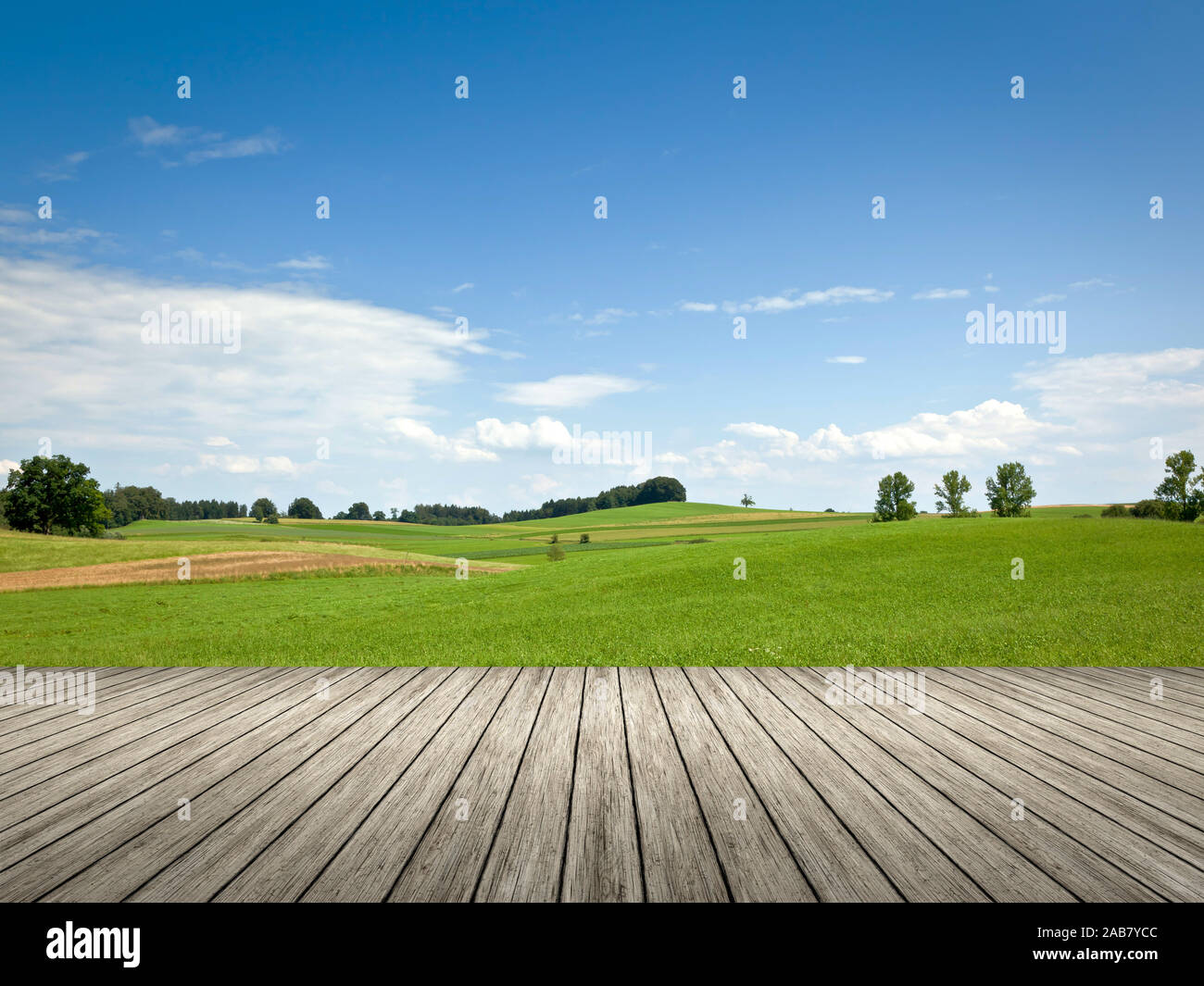 Sicht von einem Bootssteg aus auf eine wunderschoene bayerische Landschaft Stock Photo