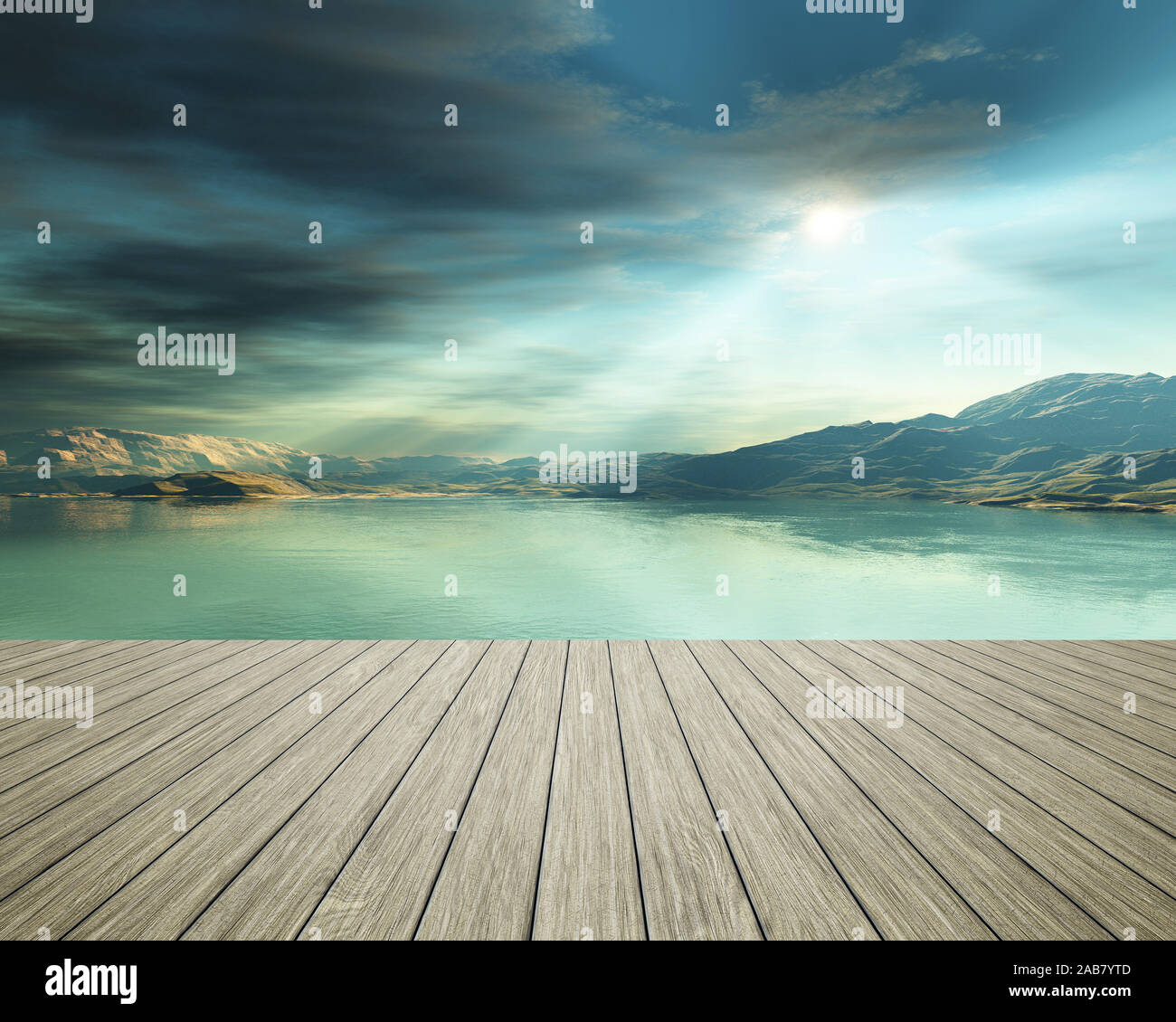 Sicht von einem Bootssteg aus auf eine schoene Fantasie-Landschaft am Meer Stock Photo