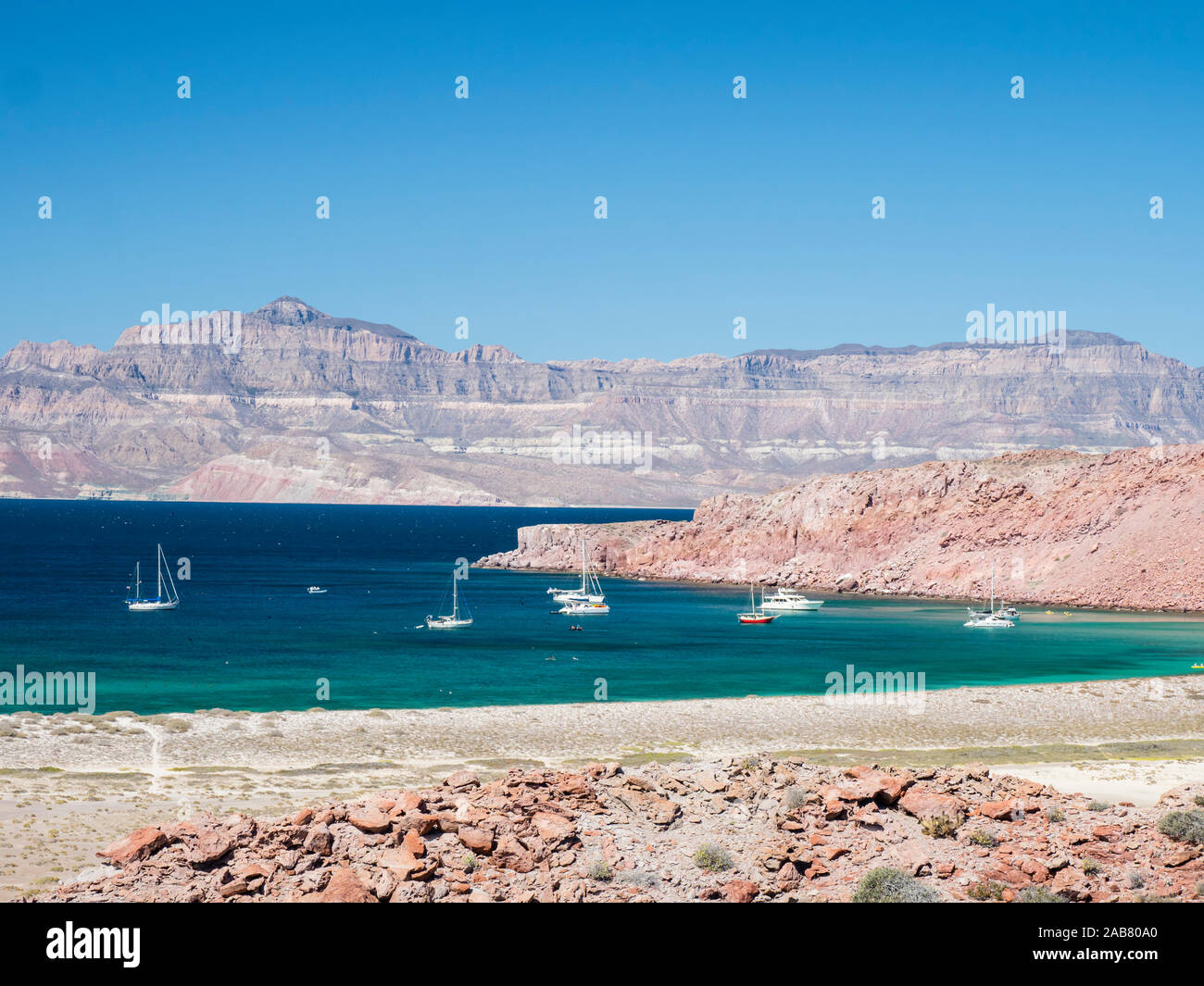 The protected natural harbor at Isla San Francisco, Baja California Sur, Mexico, North America Stock Photo