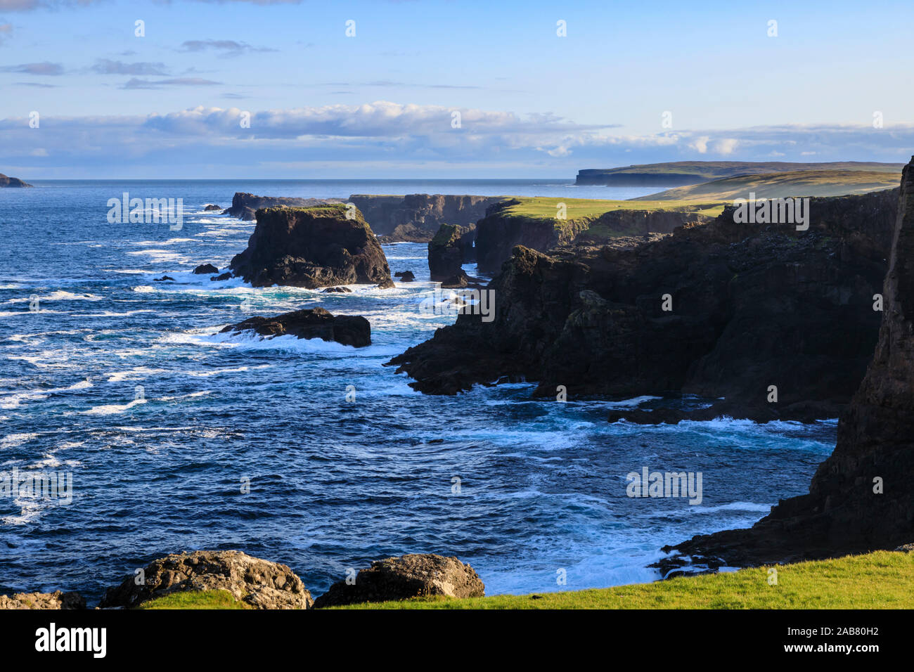 Eshaness, jagged cliffs, stacks, geos and blow holes, Northmavine, Mainland, Shetland Isles, Scotland, United Kingdom, Europe Stock Photo
