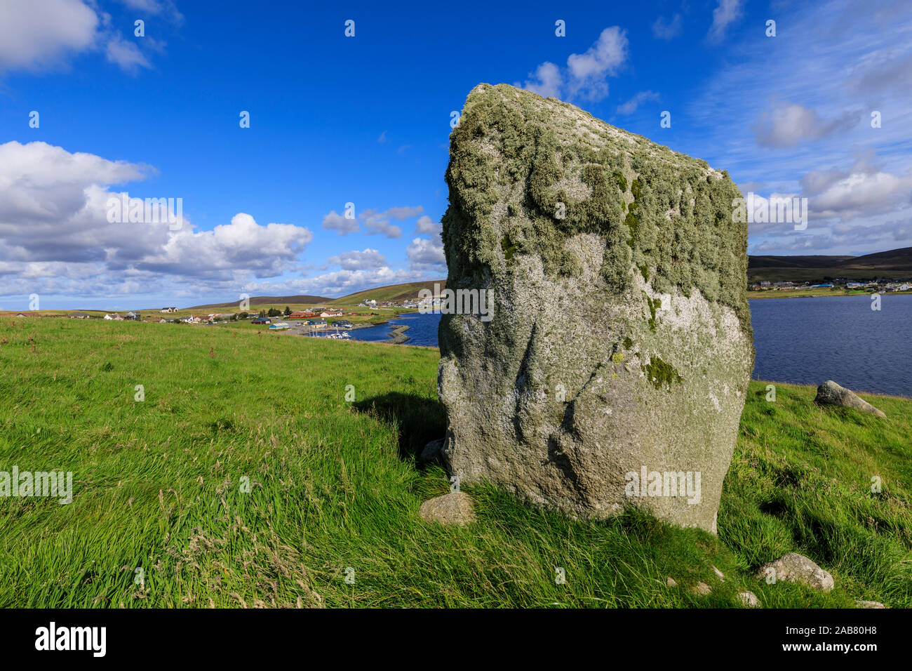 Busta Brae, Standing Stone, cloudscape and coastal views, beautiful day, Busta Voe, Brae, Delting, Shetland Isles, Scotland, United Kingdom, Europe Stock Photo