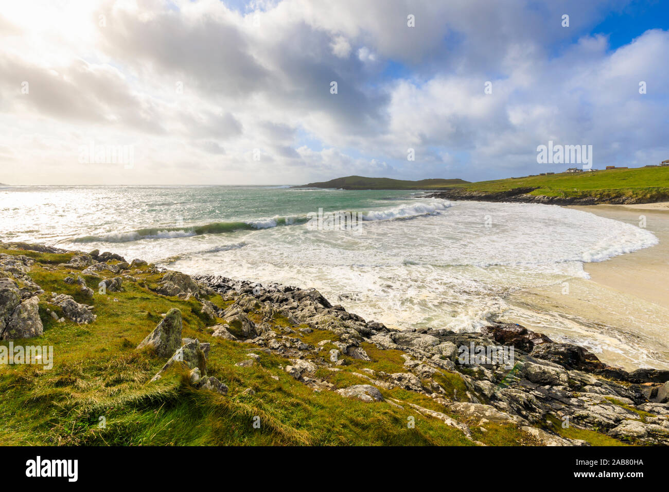 Meal Beach, breaking waves and big seas, stormy weather, Hamnavoe, West Burra Island, near Scalloway, Shetland Isles, Scotland, United Kingdom, Europe Stock Photo