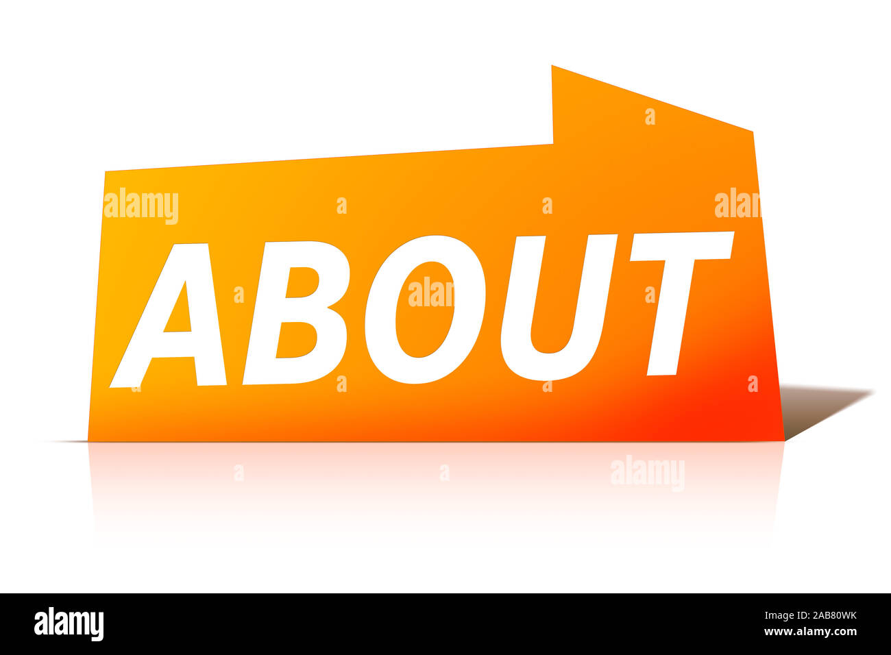 Ein oranges Etikett vor weissem Hintergrund mit der Aufschrift: "ABOUT" Stock Photo