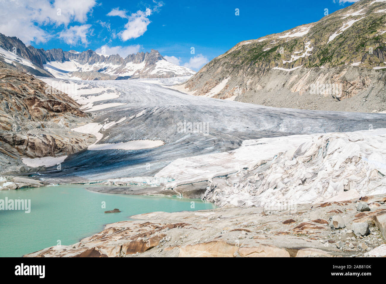 Glacial lake and Rhone Glacier partially protected by blankets to slow melting, Gletsch, Canton of Valais, Switzerland, Europe Stock Photo