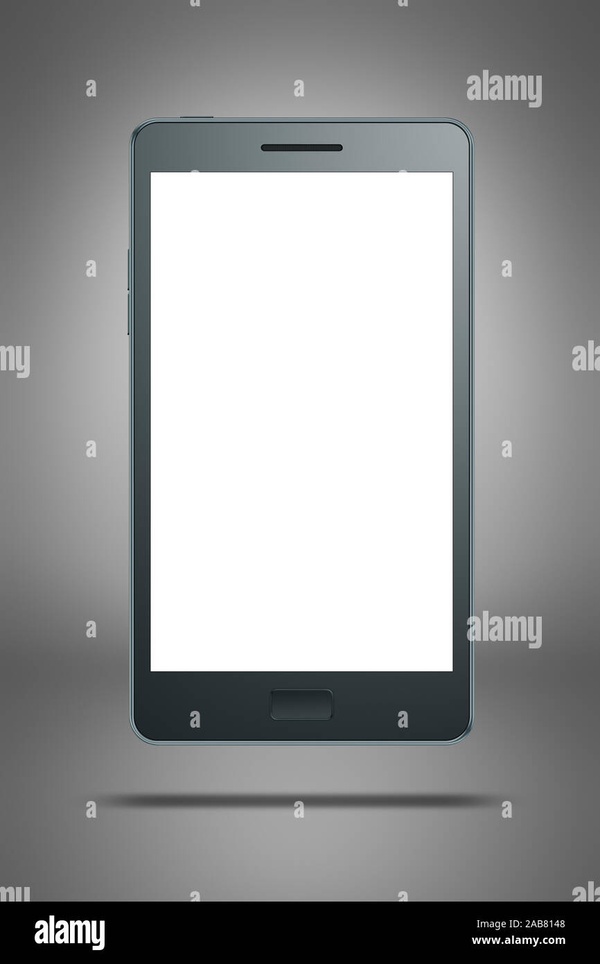 Ein schwarzes Smartphone vor weissem Hintergrund Stock Photo