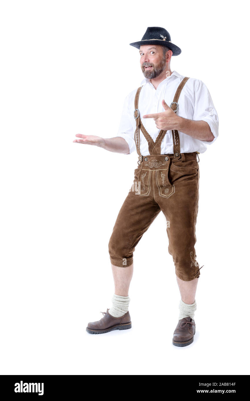 Mann in bayerischer Tracht vor weissem Hintergrund Stock Photo