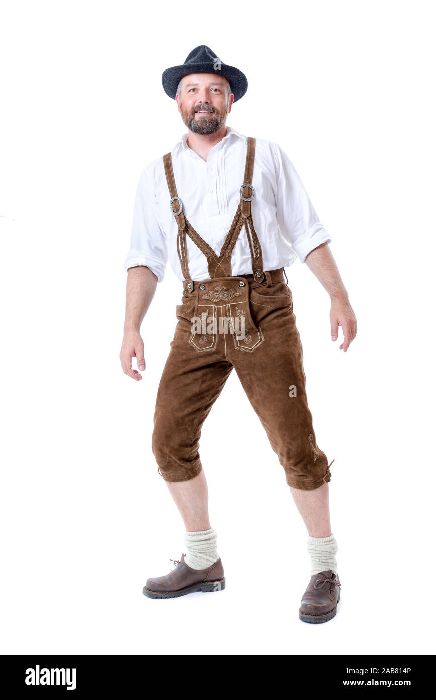 Mann in bayerischer Tracht vor weissem Hintergrund Stock Photo