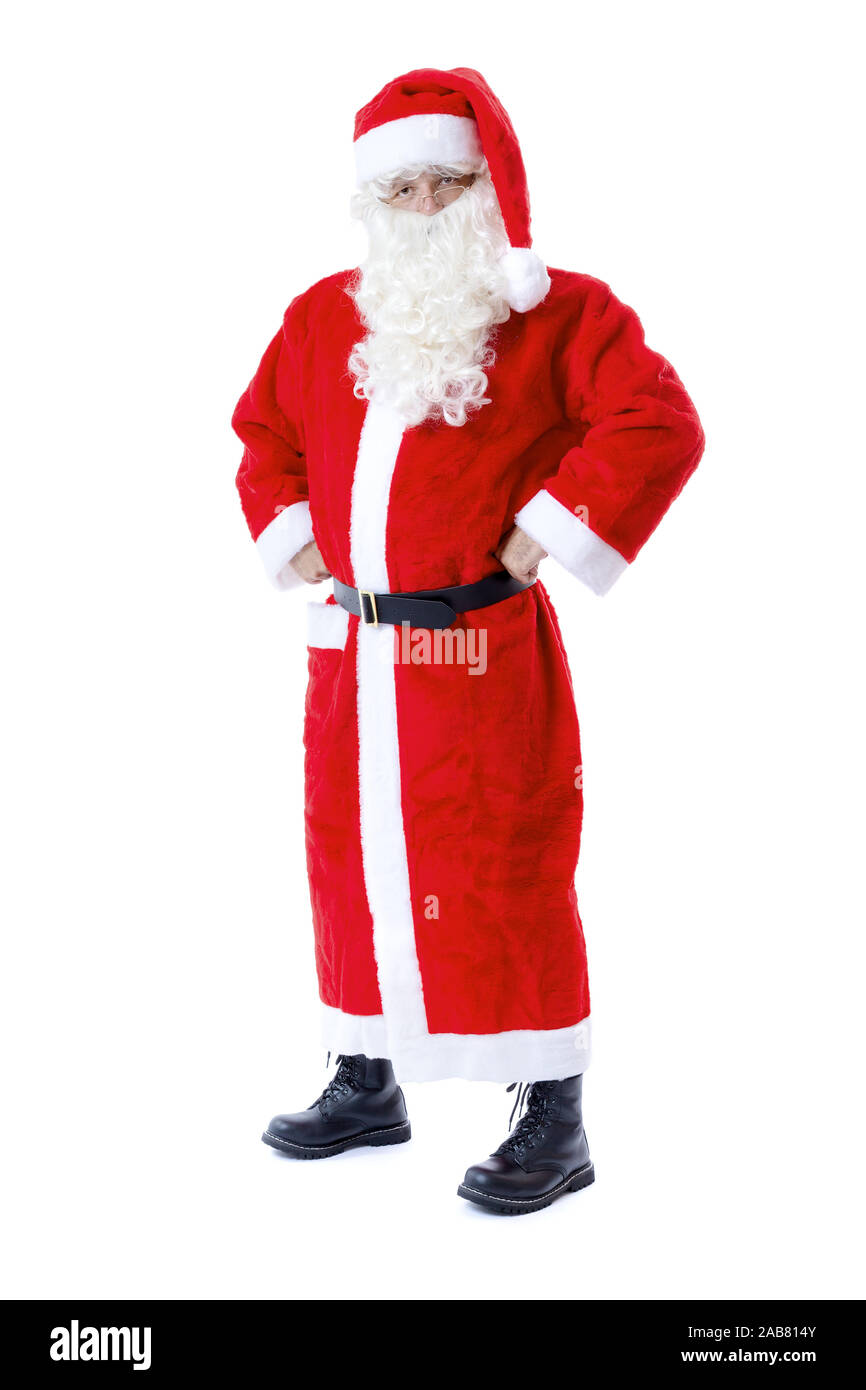 Ein Mann in einem Weihnachtsmann-Kostuem vor weissem Hintergrund Stock Photo