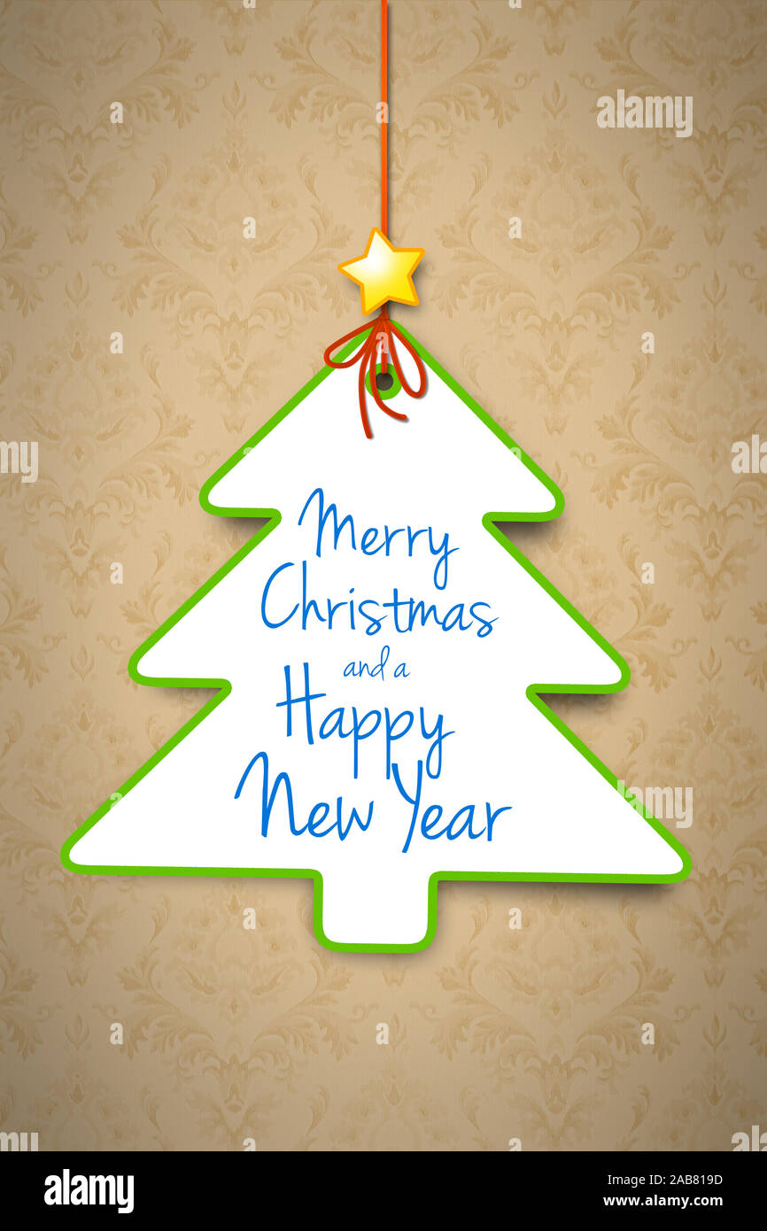 Ein dekorativer Weihnachtsbaum vor beigem Hintergrund Stock Photo
