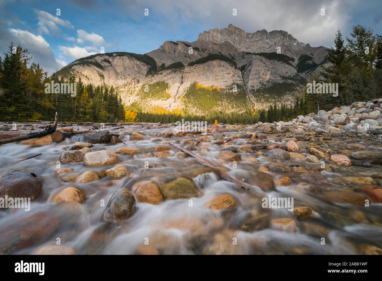 Cascade Mountain in autumn with stoney creek, Banff National Park, UNESCO World Heritage Site, Alberta, Rocky Mountains, Canada, North America Stock Photo