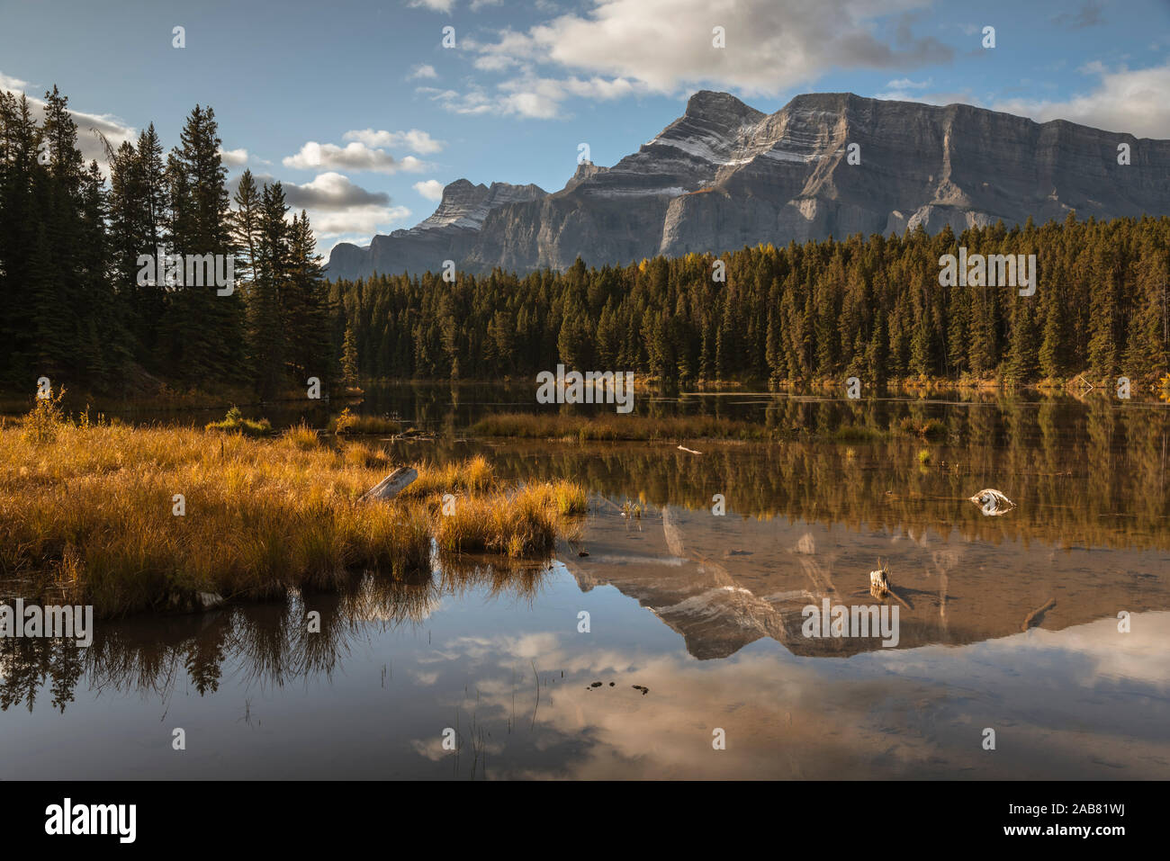 Mount Rundle reflected in Johnson Lake, Banff National Park, UNESCO World Heritage Site, Alberta, Rocky Mountains, Canada, North America Stock Photo