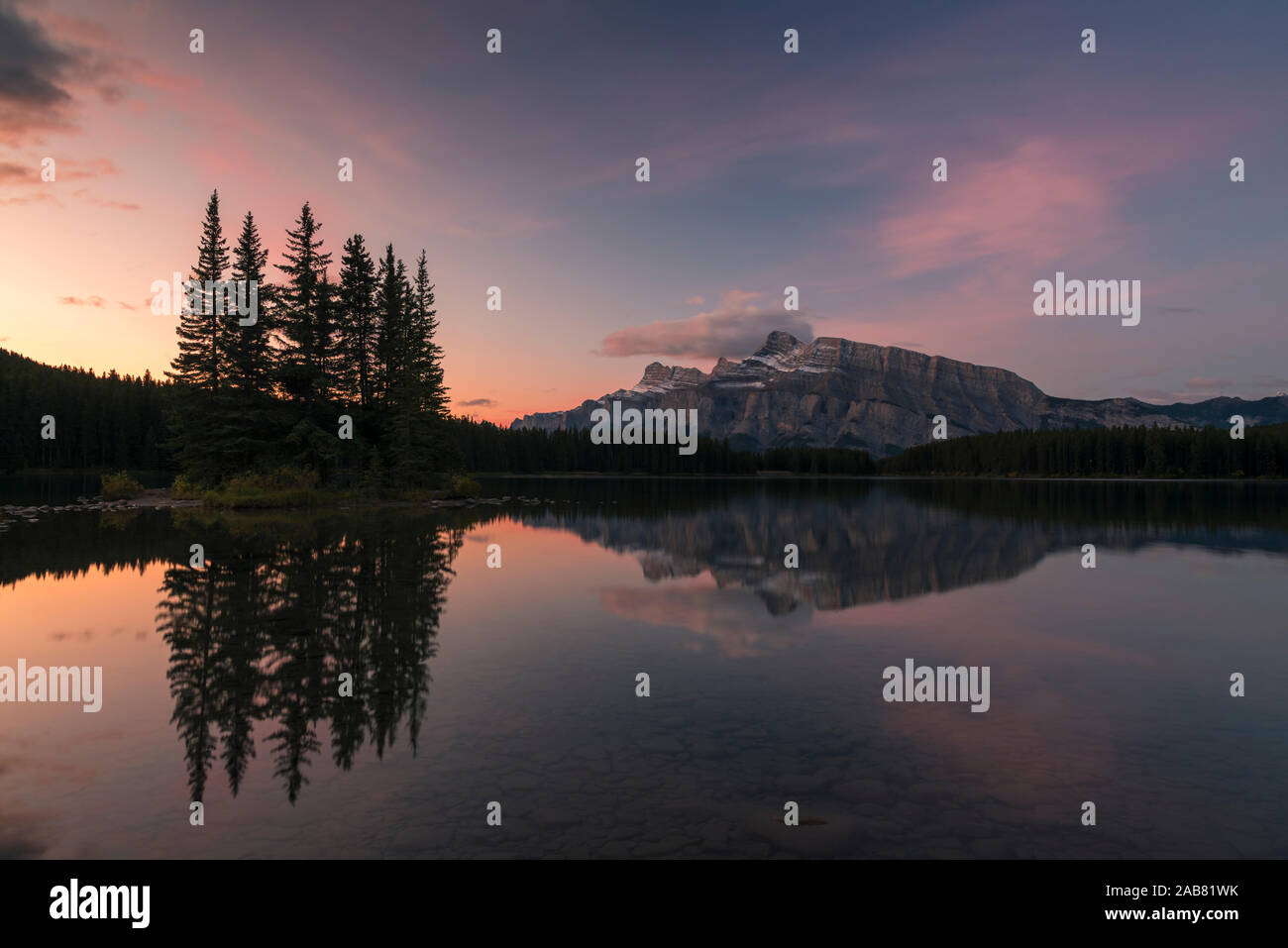 Sunrise at Two Jack Lake with Mount Rundle on the horizon, Banff National Park, UNESCO, Alberta, Rocky Mountains, Canada, North America Stock Photo