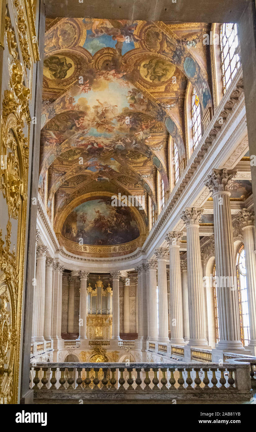 The Royal Chapel of the famous Palace of Versailles, seen from the Royal Gallery on the upper level in portrait format. The paintings on the ceiling... Stock Photo