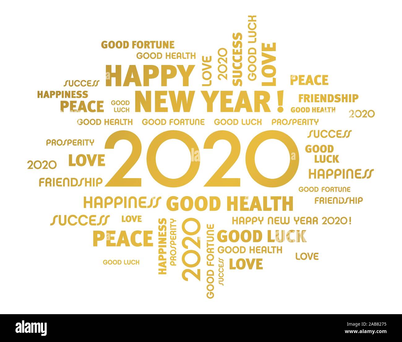 Greeting words around New Year date 2020, colored in gold, isolated on white. Word cloud wishes. Stock Vector