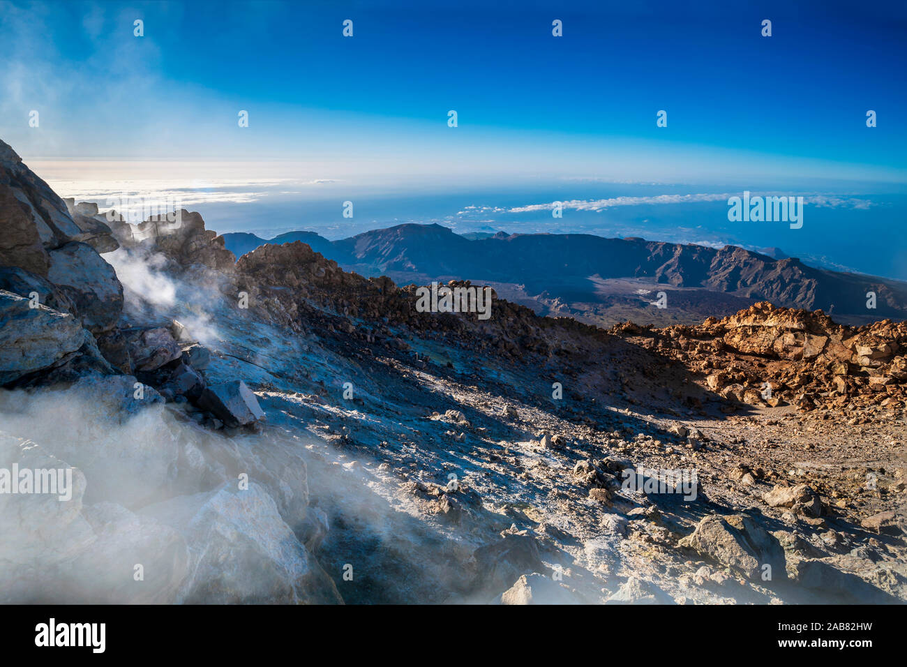 View from top of El Teide Volcano in the National Park in early morning, UNESCO World Heritatge Site, Tenerife, Canary Islands, Spain, Atlantic Stock Photo