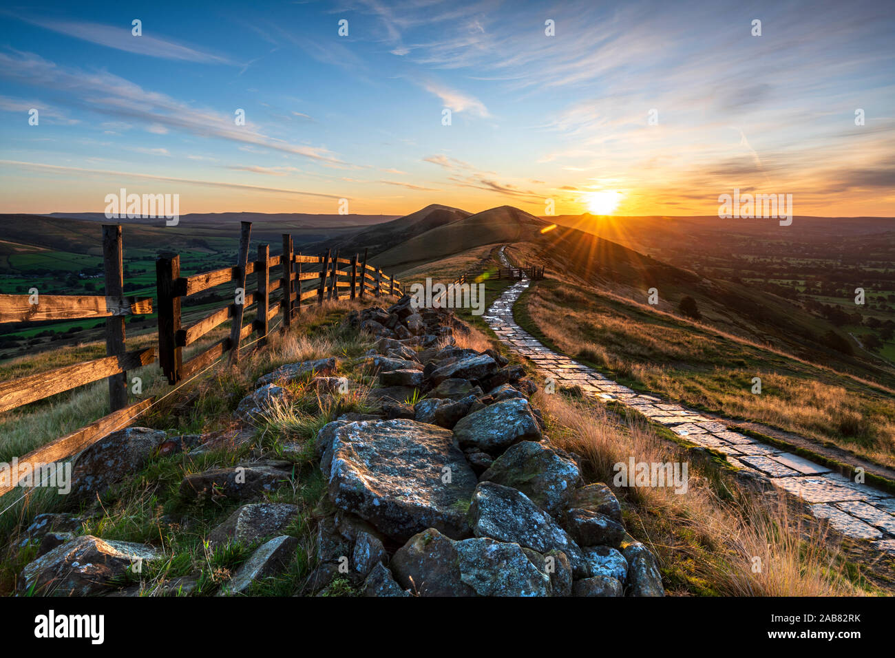 Sunrise above Lose Hill and Back Tor from Mam Tor, Hope Valley, Peak District, Derbyshire, England, United Kingdom, Europe Stock Photo