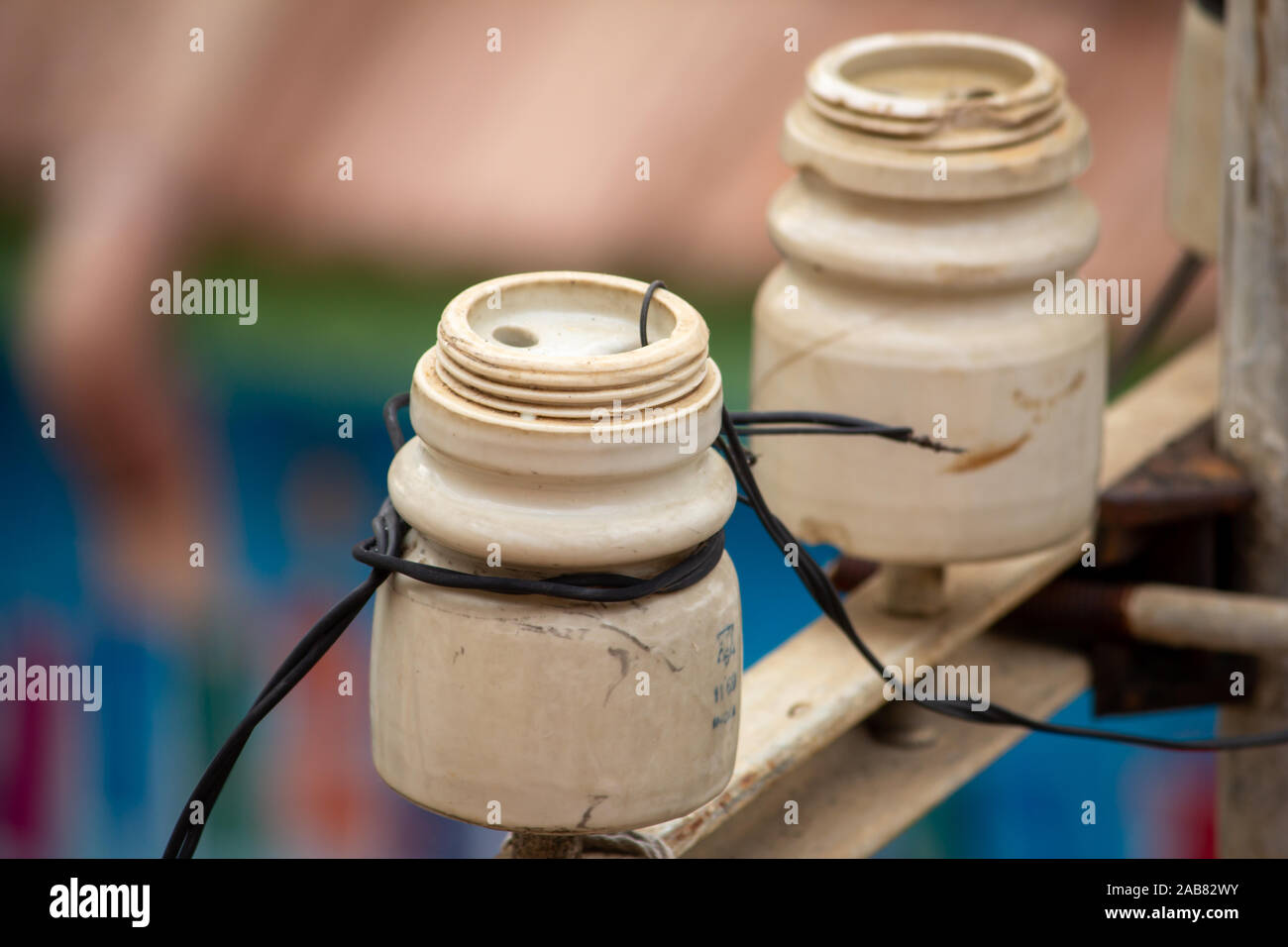 View of the equipment in the telephone pole carrying the wires for landline phones Stock Photo