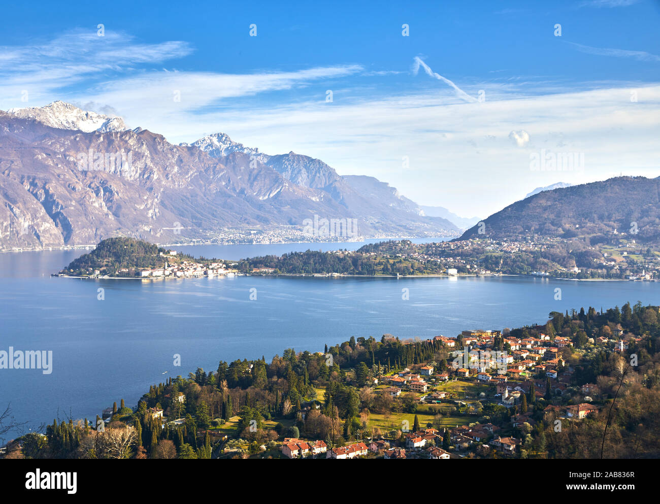 Bellagio and Varenna viewed from Griante on the western shore of Lake Como, Lombardy, Italian Lakes, Italy, Europe Stock Photo