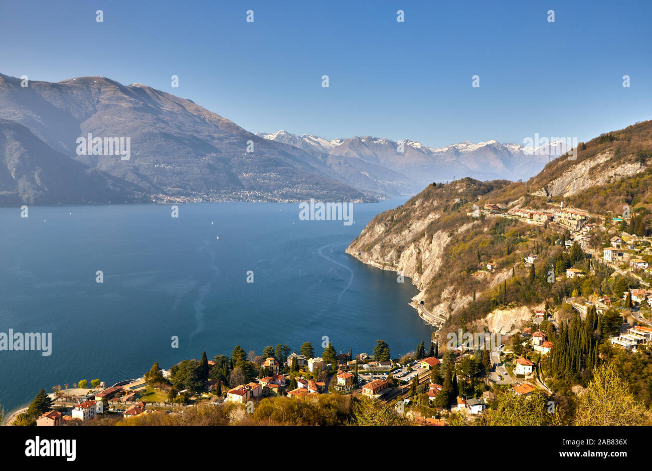 High angle view of Lake Como from Castle Vezio with Varenna and Gittana, Lombardy, Italian Lakes, Italy, Europe Stock Photo