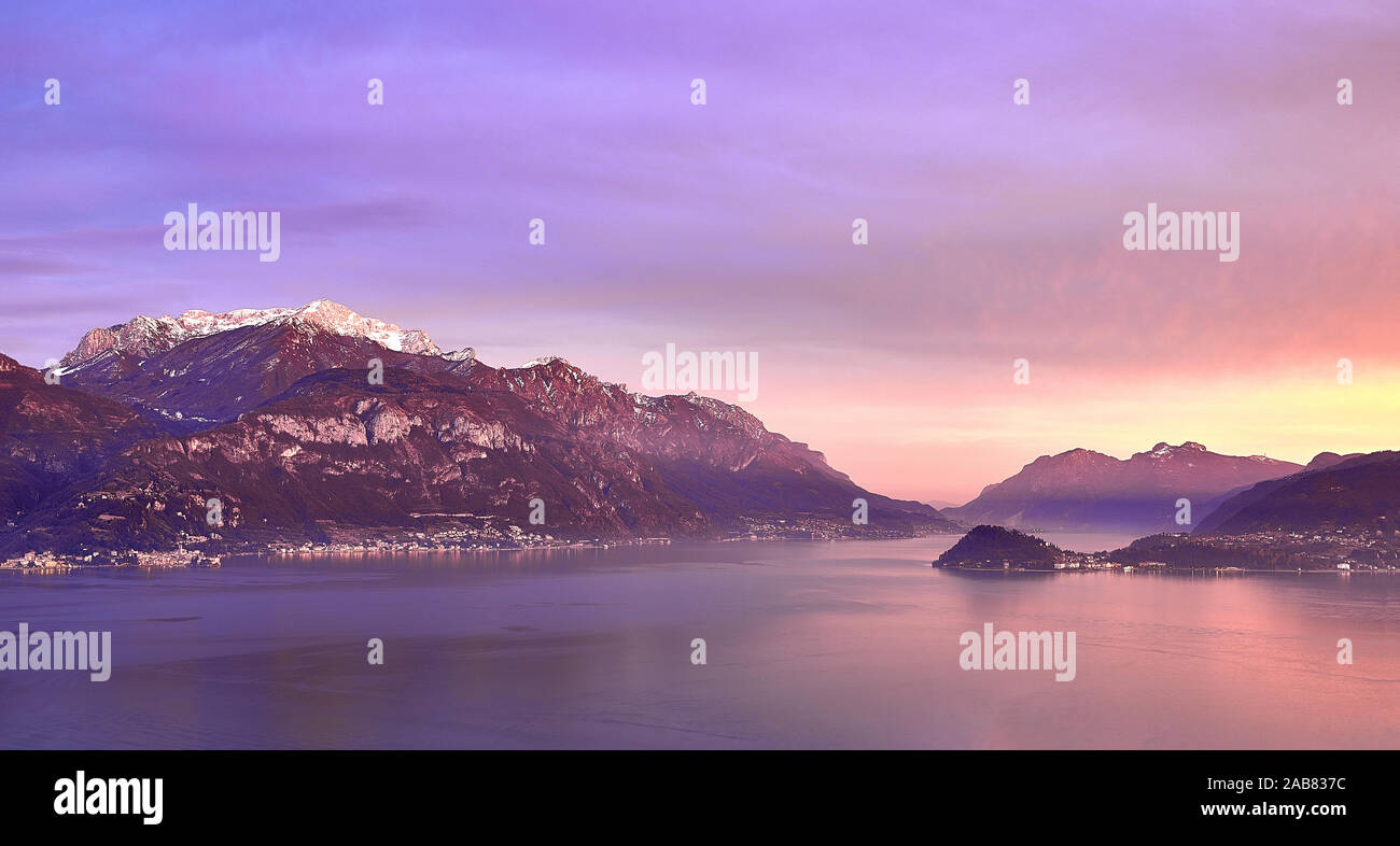 Bellagio and Varenna viewed from Menaggio on the western shore of Lake Como at sunset, Lombardy, Italian Lakes, Italy, Europe Stock Photo