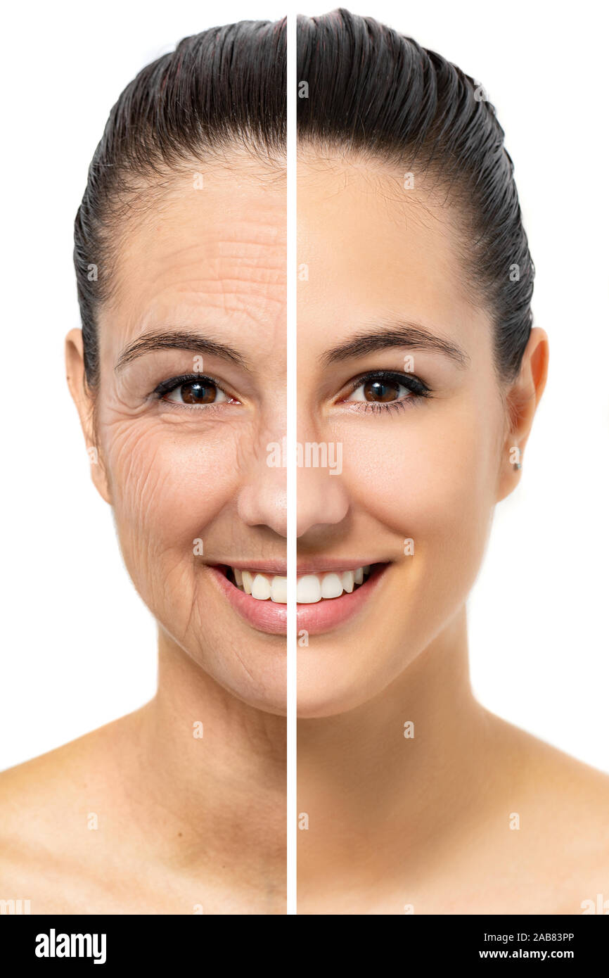 Close up face shot comparison of young woman showing skin aging. Half of face with young and healthy skin next to other half with wrinkled old skin. I Stock Photo