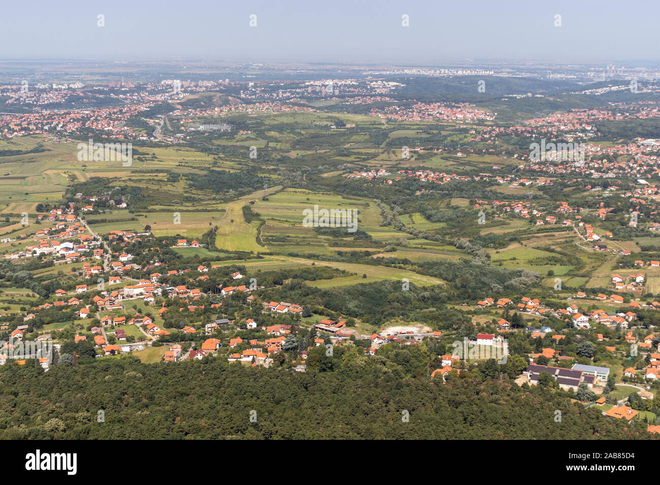 AVALA, BELGRADE, SERBIA - AUGUST 13, 2019: Amazing panoramic view from Avala Tower near city of Belgrade, Serbia Stock Photo