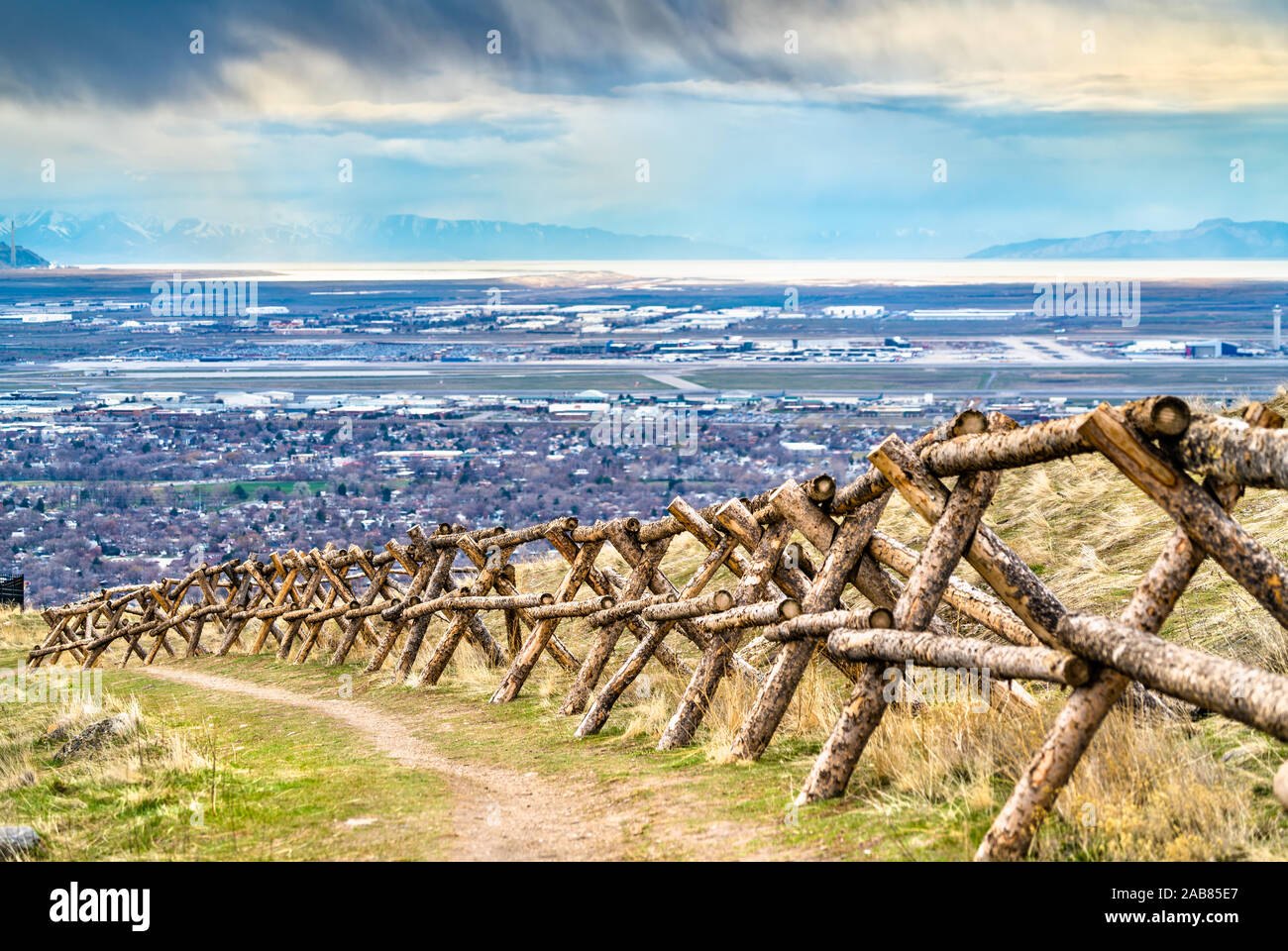 Log fence at Ensign Peak in Salt Lake City, Utah Stock Photo
