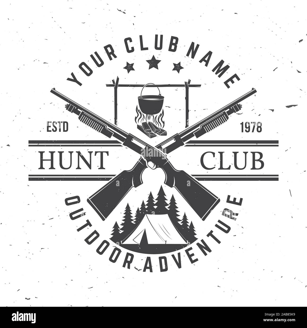 Hunting club. Vector. Concept for shirt, label, print, stamp or tee. Vintage typography design with hunting gun, pot on the fire, camping tent and forest silhouette. Outdoor adventure hunt club emblem Stock Vector