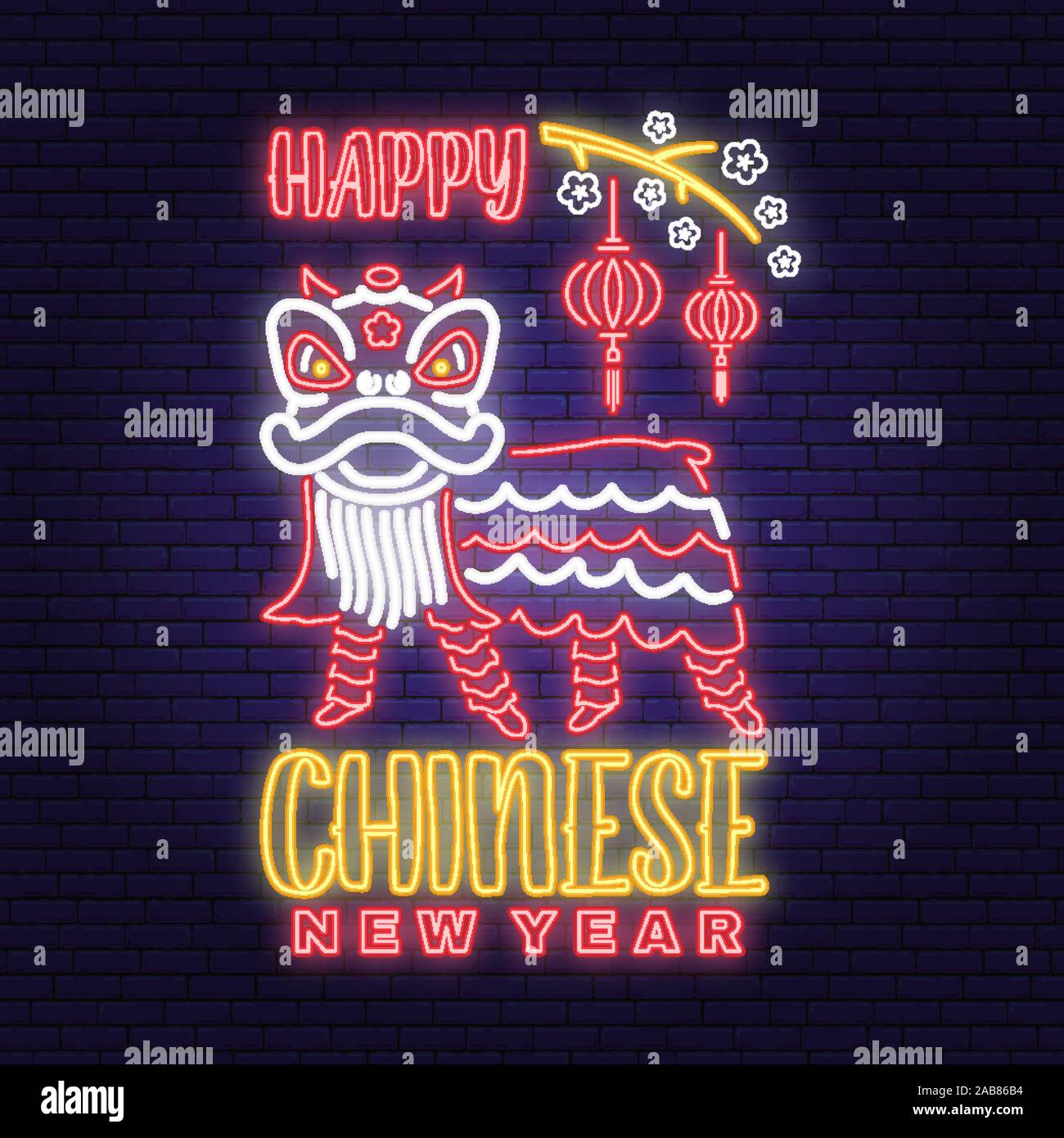 Happy Chinese New Year neon greetings card, flyers, poster. Vector illustration. Chinese New Year neon sign with sakura, lantern, china lion for new year emblem, bright signboard, light banner. Stock Vector