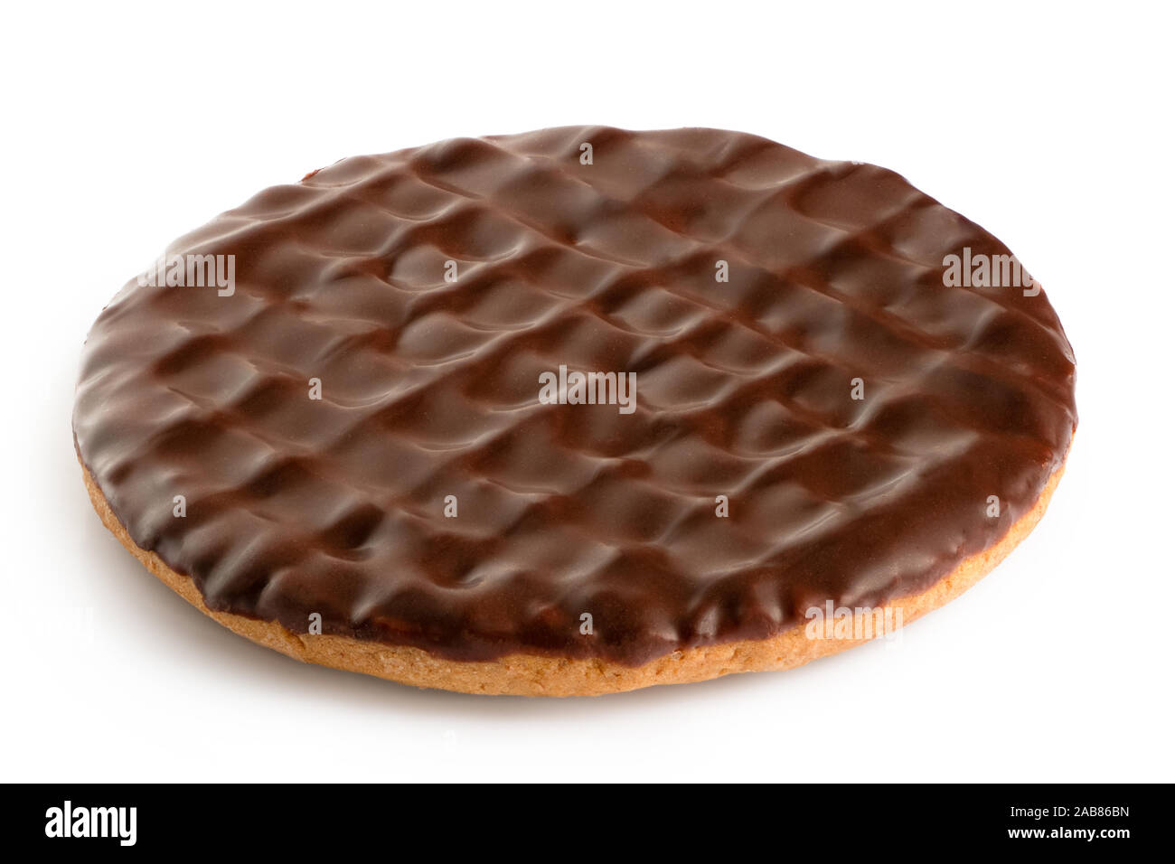 Dark chocolate coated digestive biscuit isolated on white. Stock Photo
