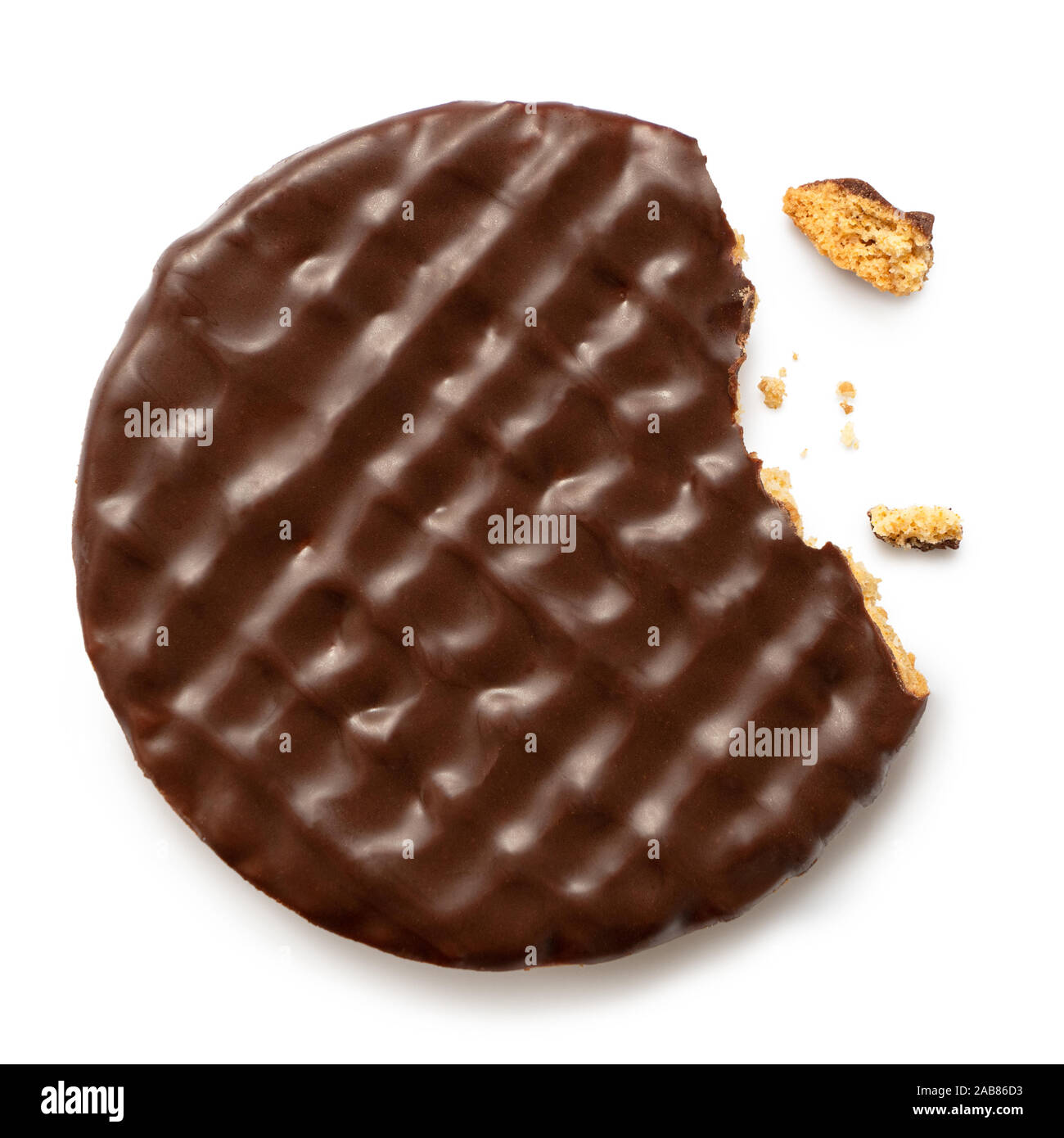 Dark chocolate coated digestive biscuit isolated on white. Partially