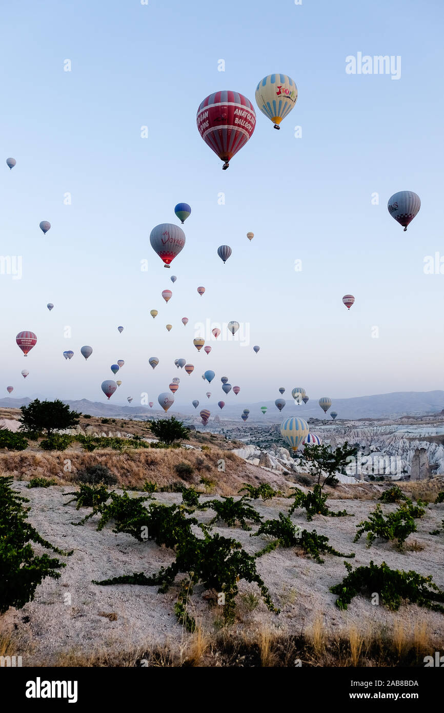 Portrait view of hot air balloon flight over Cappadocia Stock Photo
