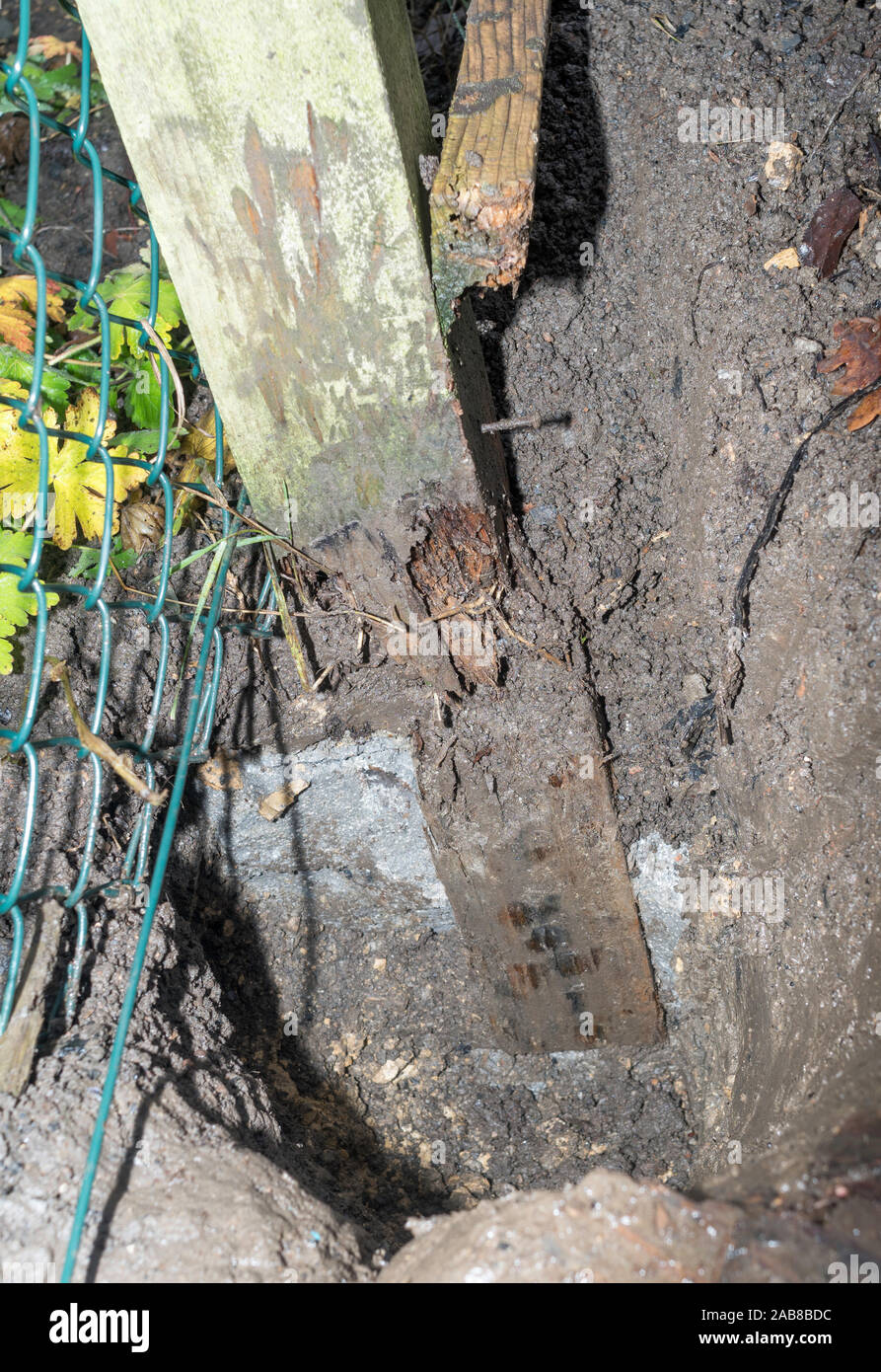 A wooden fence post embedded in concrete that has failed by rotting at just above the concrete. Stock Photo