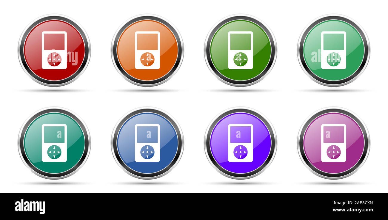 Music player icons, set of round glossy web buttons with silver metallic chrome borders isolated on white background in 8 options Stock Photo